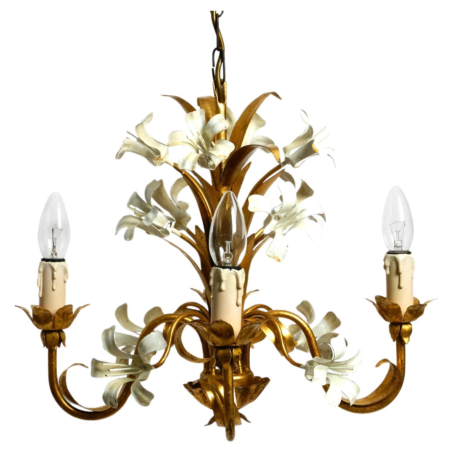 Small beautiful 1960s gold-plated 4-arm metal chandelier For Sale