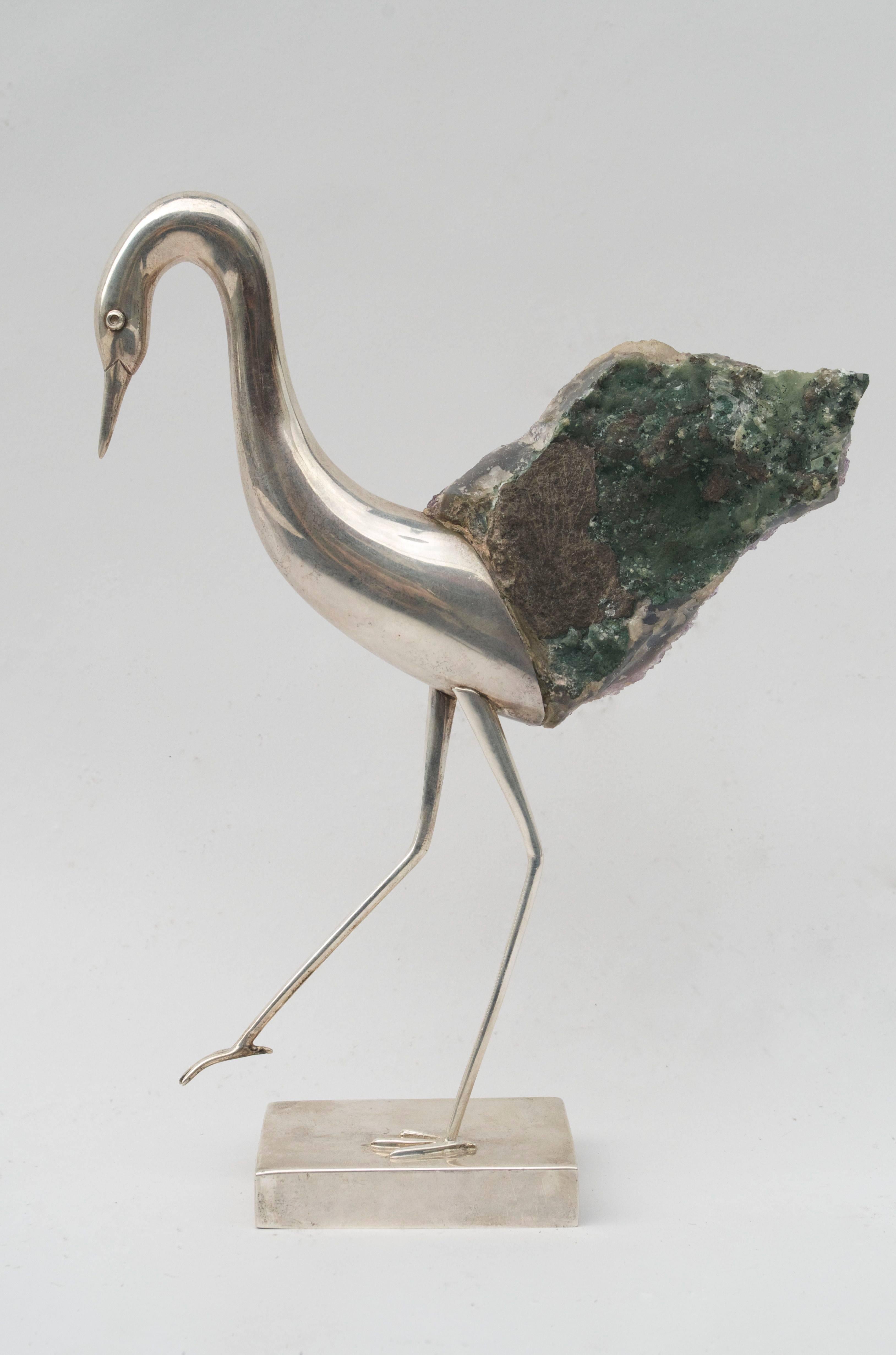 European Small Bird Sculpture in Silver and Amethyst, 1970