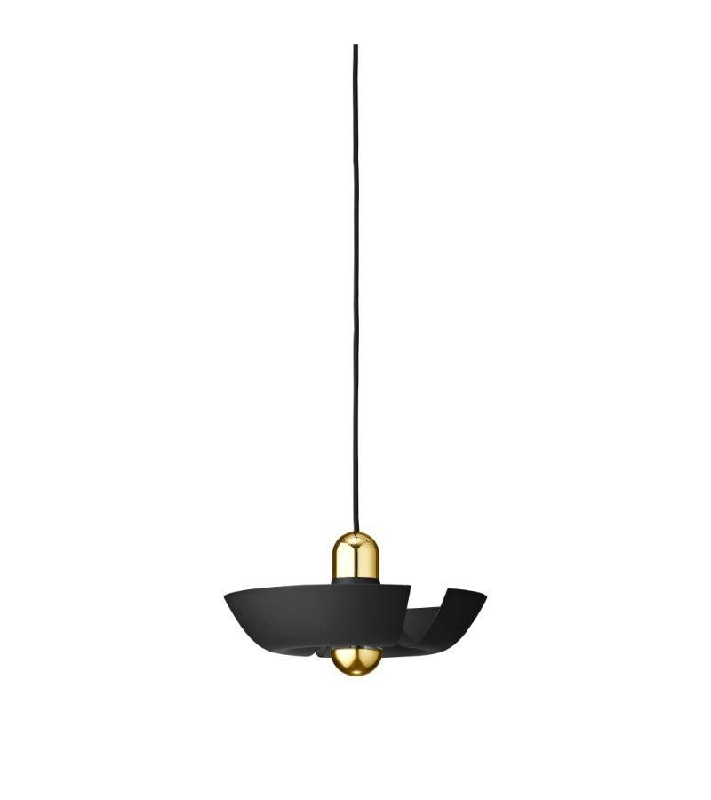 Small black and gold contemporary pendant lamp 
Dimensions: Diameter 30 x Height 14 cm 
Materials: Aluminum with powder-coated. Brass plated details, porcelain socket, plastic switch, and black textile cord. 
Details: For all lamps, the light source