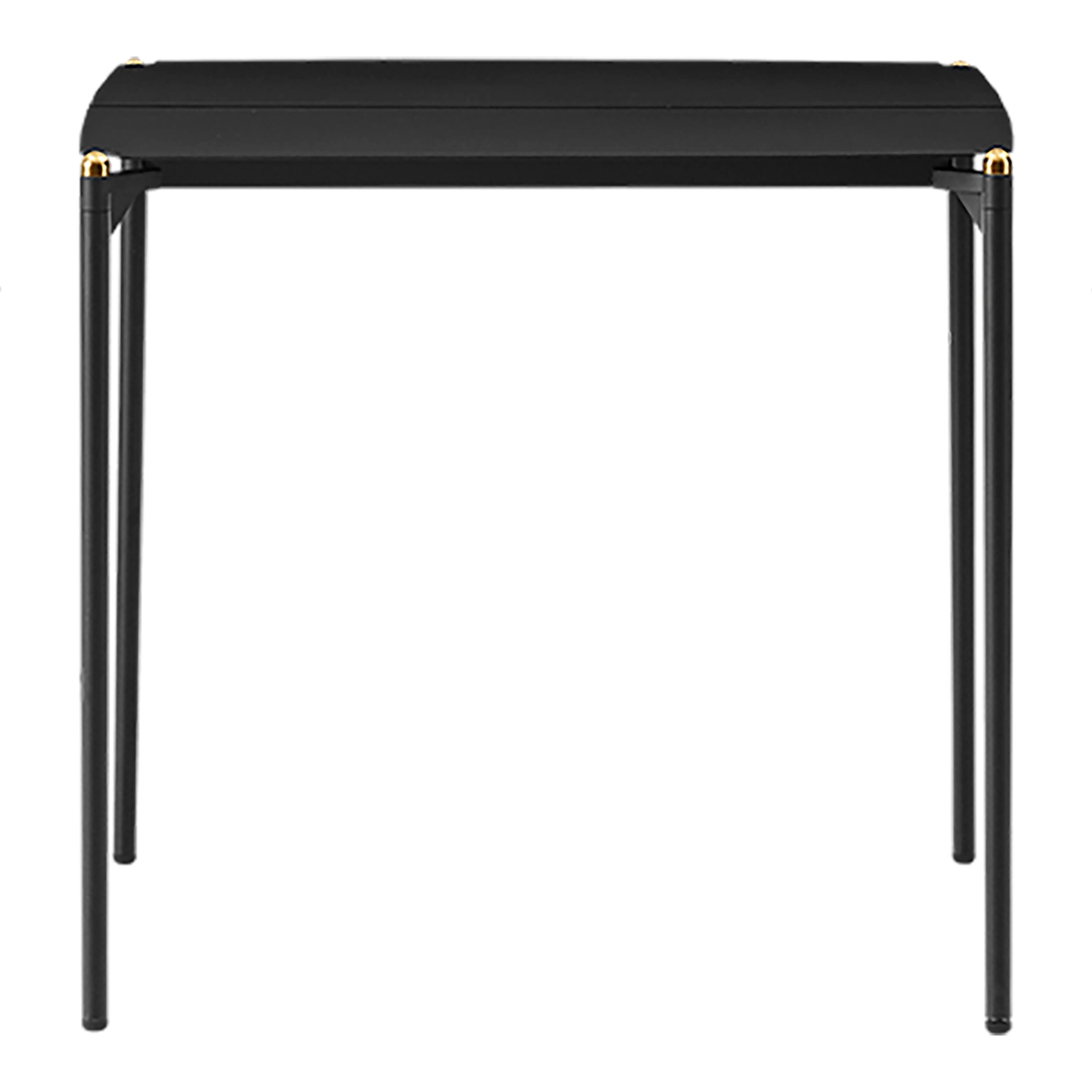 Small black and gold minimalist table
Dimensions: D 80 x W 80 x H 72 cm 
Materials: Steel w. Matte powder coating, aluminum w. Matte powder coating & stainless steel w. Gold titanium plating.
Available in colors: Taupe, bordeaux, forest, ginger