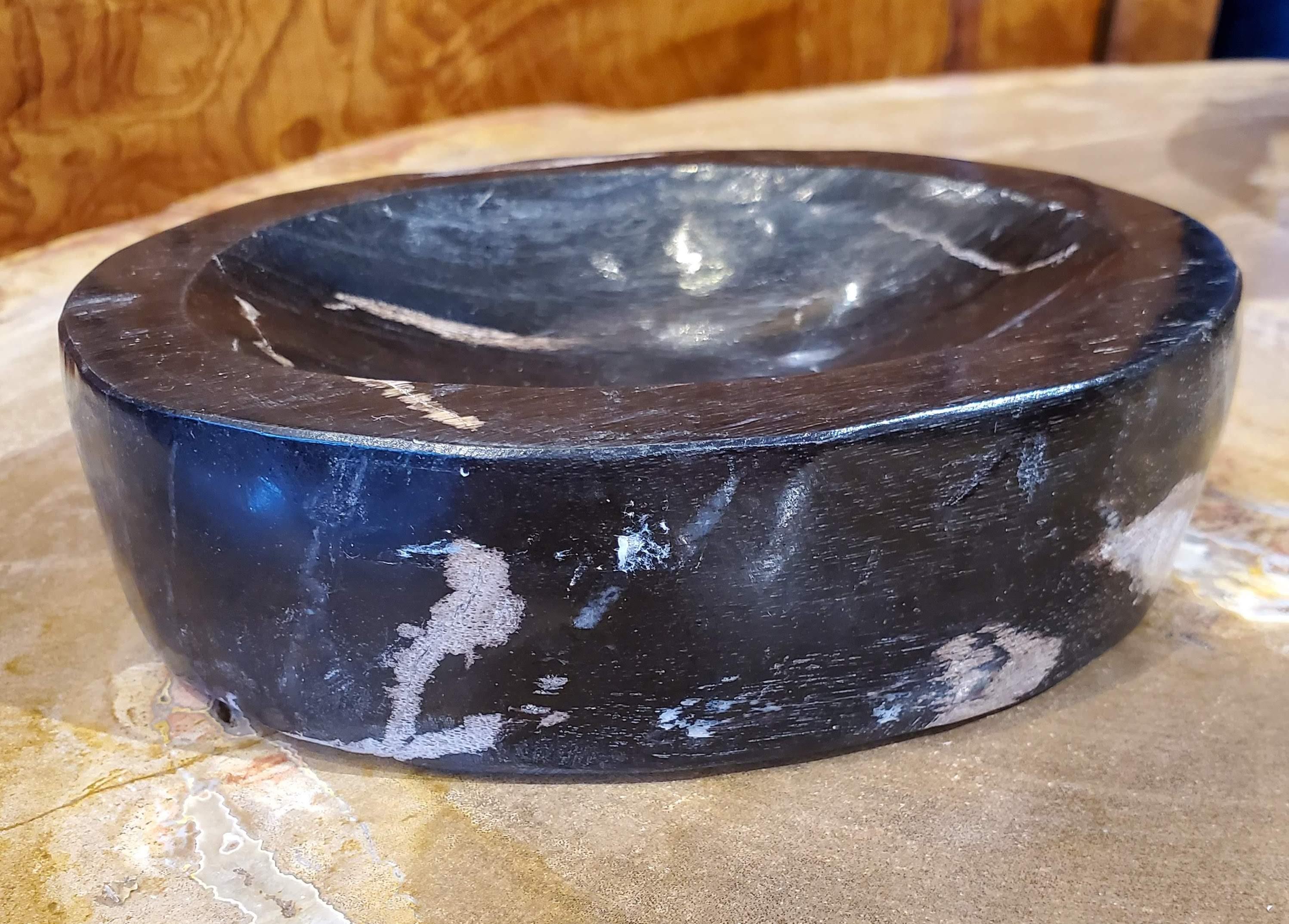 Carved Small Black and White Petrified Wood Dish
