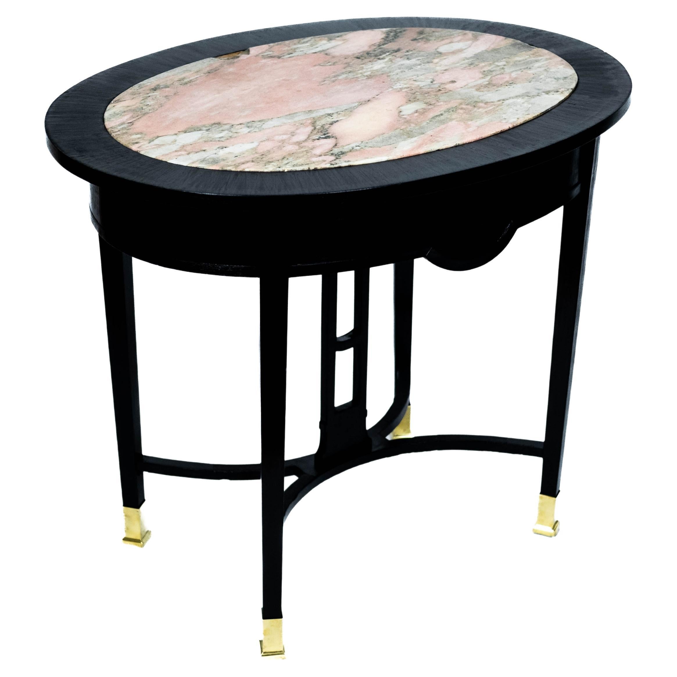 Small black Art Nouveau Table with Marble-Plate and Brass-Fittings (circa 1910) For Sale