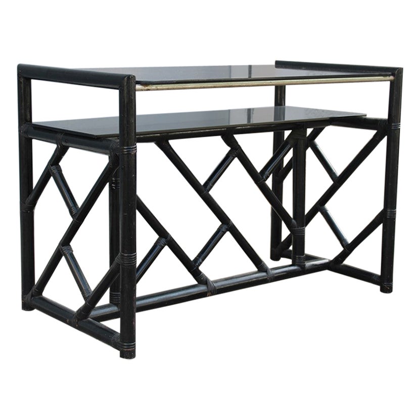 Schwarzer Bambus-Schreibtisch Vivai del Sud Italia 1970er Jahre mit schwarzer Kristallplatte im Angebot