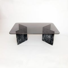 Small Black Carrara Marble Coffee Table with Glass Top Vintage Retro Postmodern