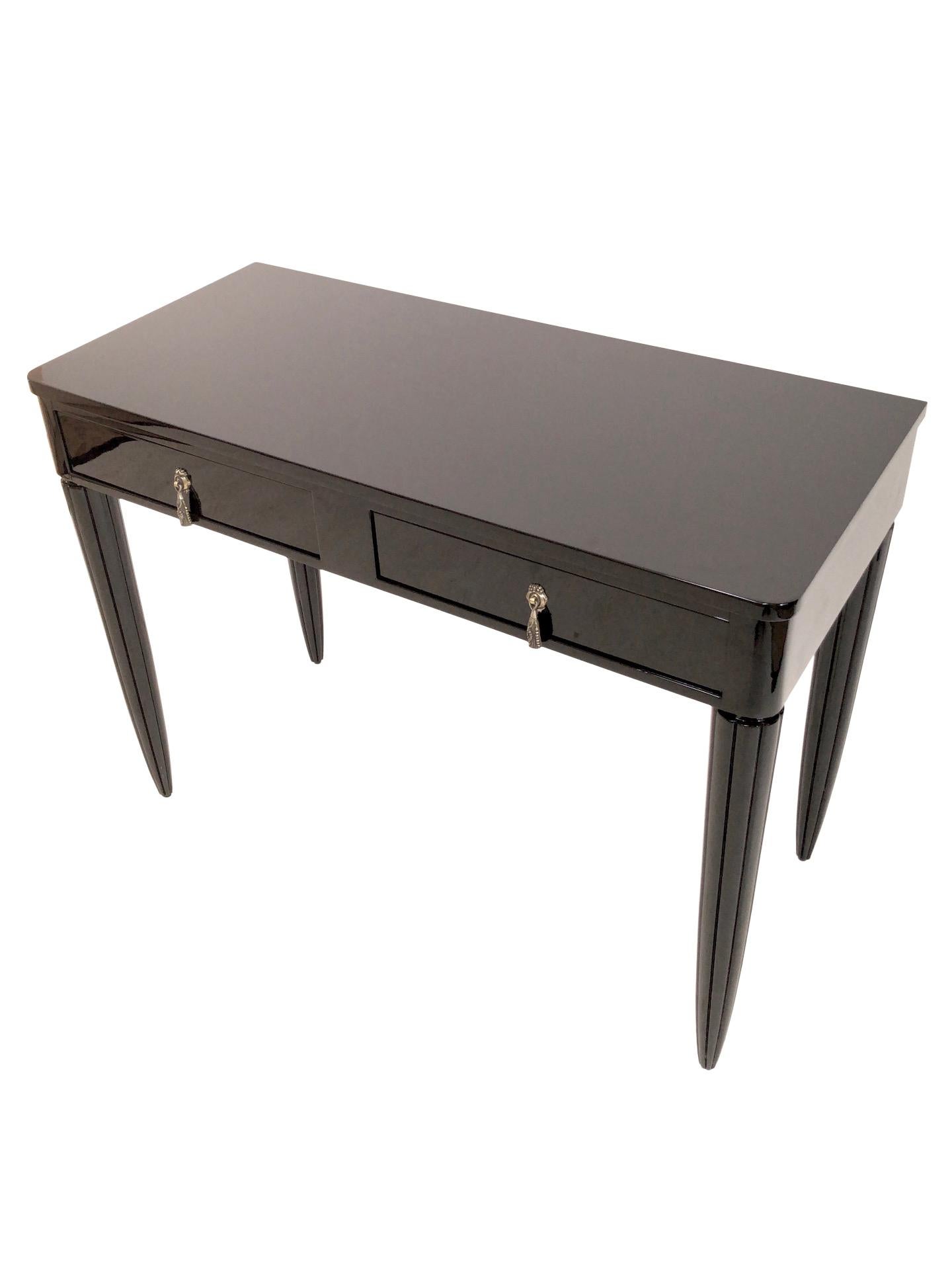 French Small Black Early Art Deco Desk with Two Drawers and Channeled Table-Legs For Sale