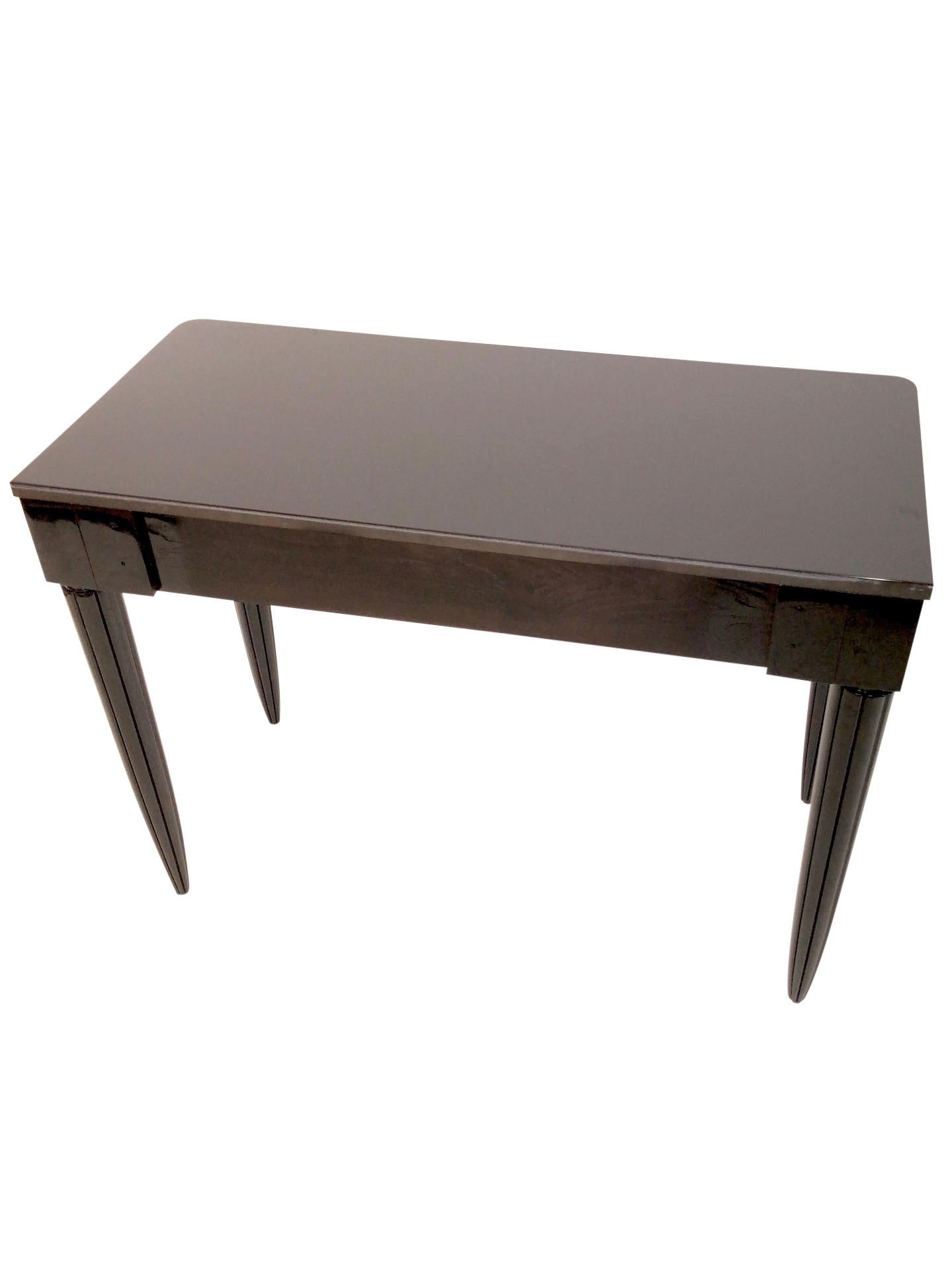 Wood Small Black Early Art Deco Desk with Two Drawers and Channeled Table-Legs For Sale