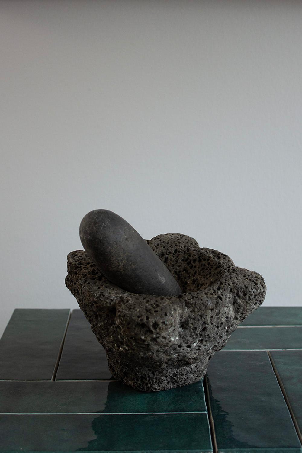 Carved Small black French Stone Mortar with stone Pestle For Sale