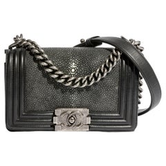 Chanel Gray Quilted Caviar Chain Detail Small Boy Bag Gold