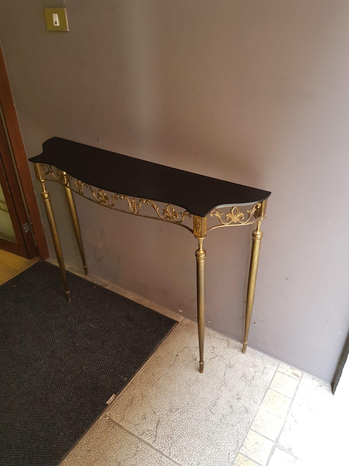 20th Century Small Black Glass Golden Brass Leg Structure Table Console, Italy, 1950s