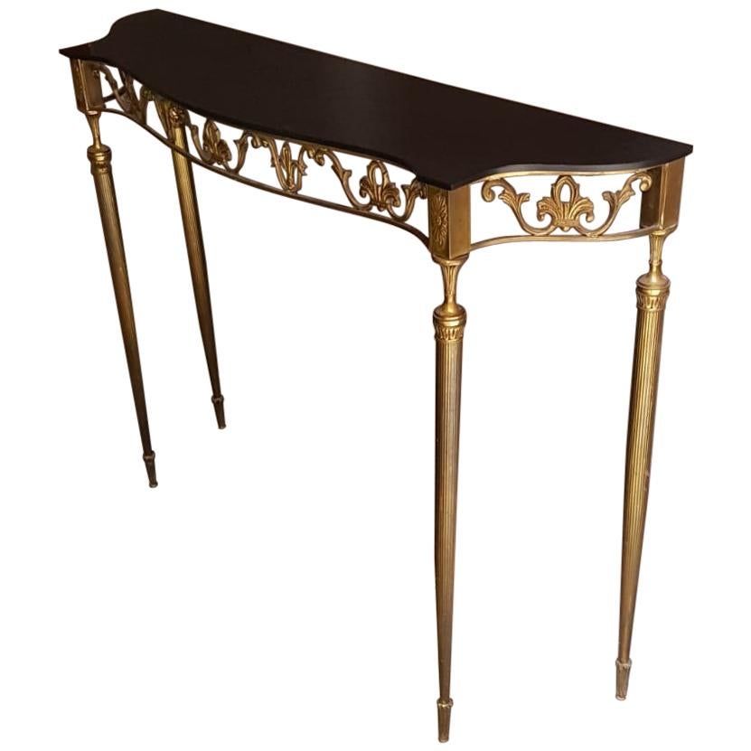 Small Black Glass Golden Brass Leg Structure Table Console, Italy, 1950s