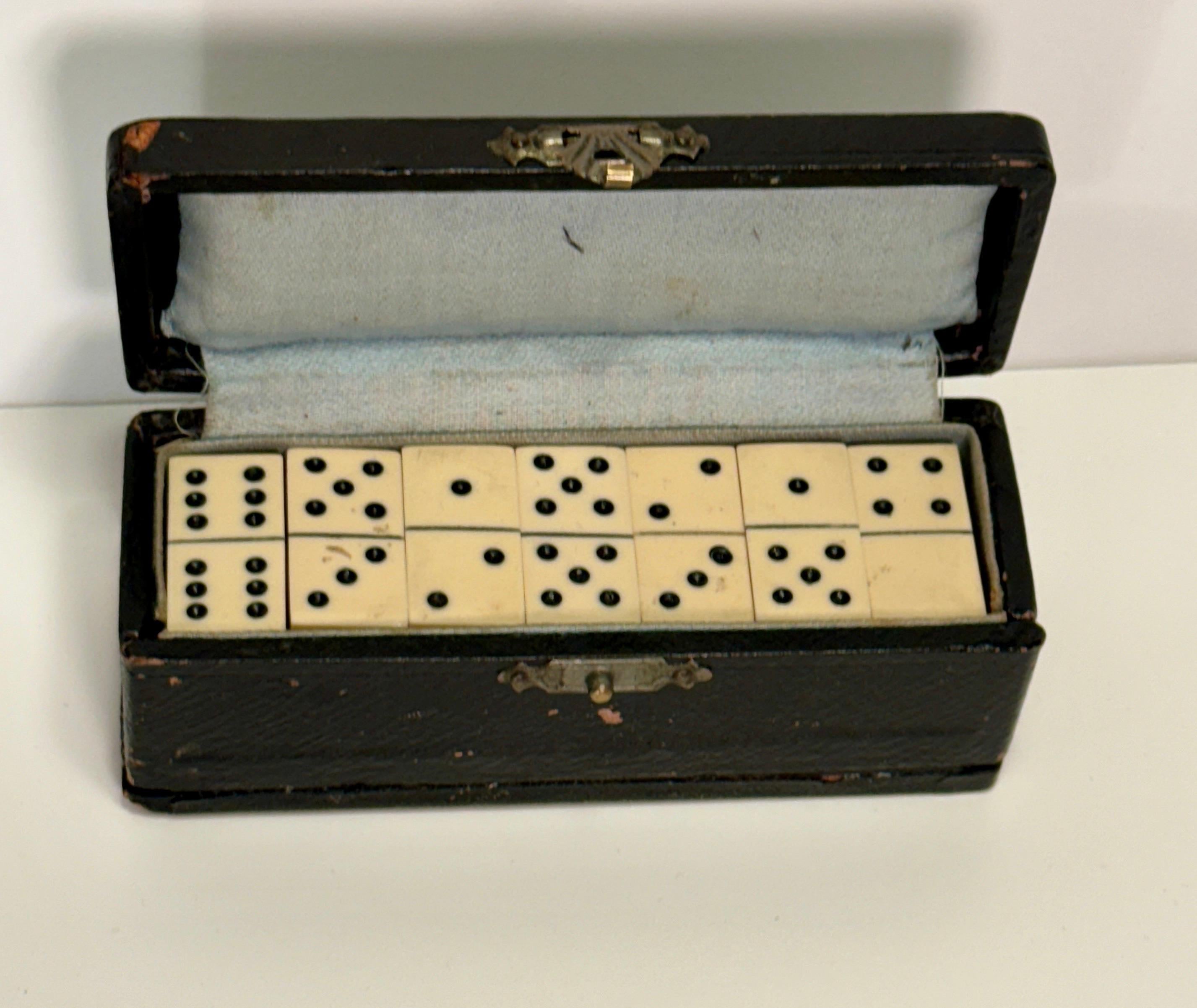 20th Century Small Black Leather Incased Box of Dominos Board Game, 28 pieces For Sale