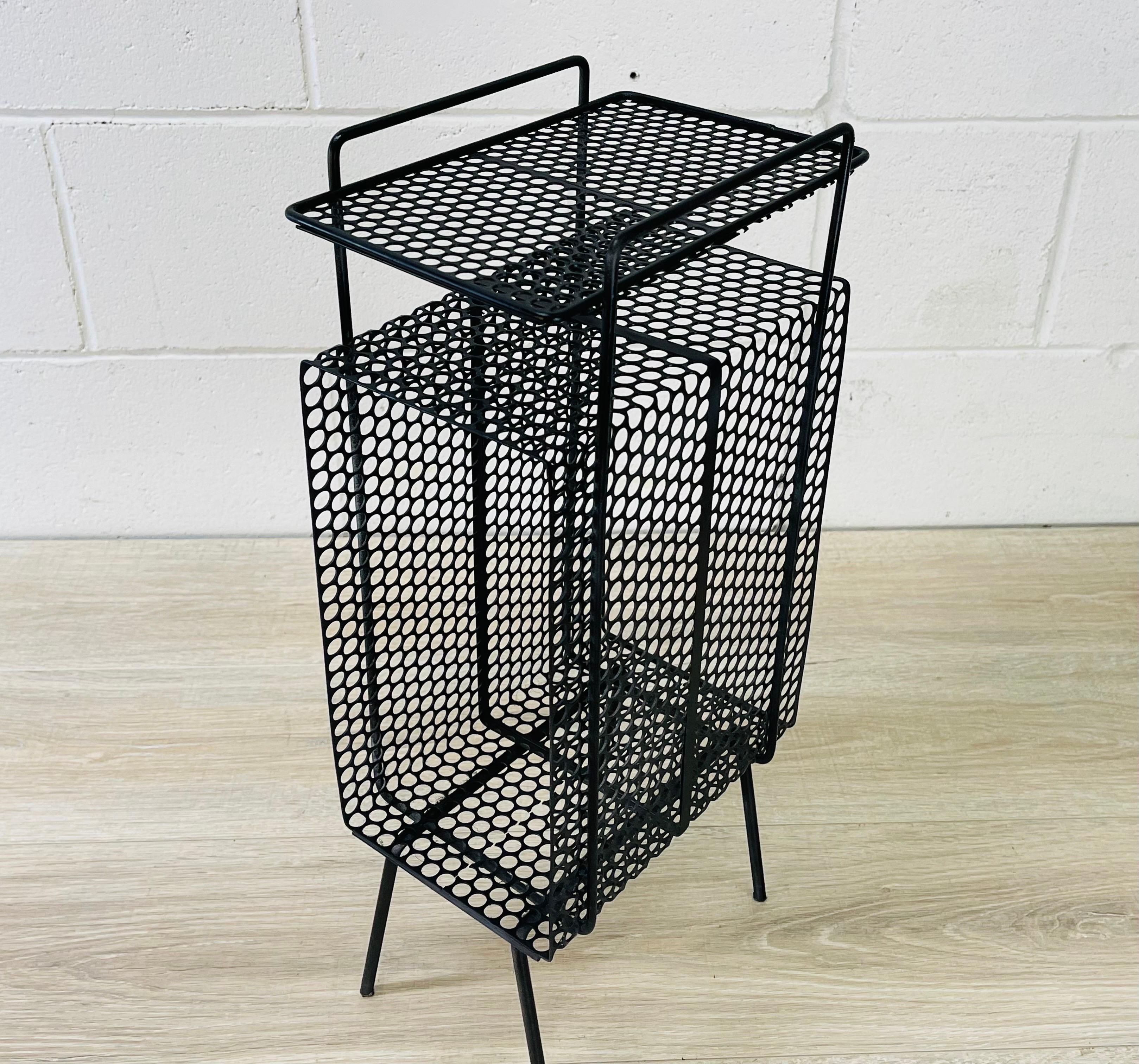 Vintage 1960s small black metal mesh side table. Newly refinished condition. No marks.