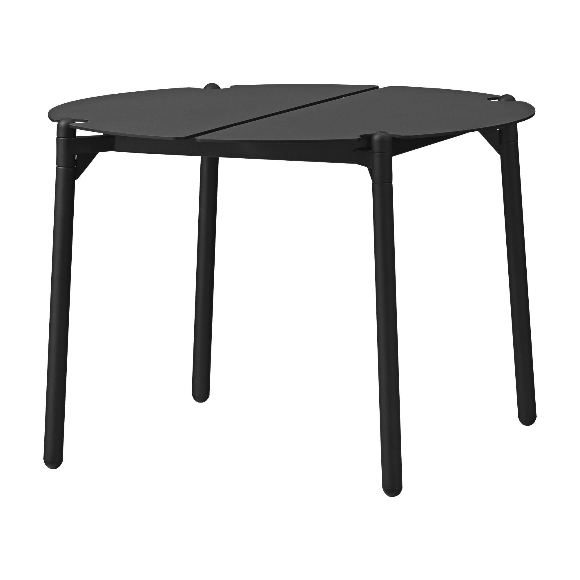 Small black Minimalist lounge table
Dimensions: diameter 50 x height 35 cm 
Materials: steel w. matte powder coating & aluminum w. matte powder coating.
Available in colors: taupe, bordeaux, forest, ginger bread, black and, black and