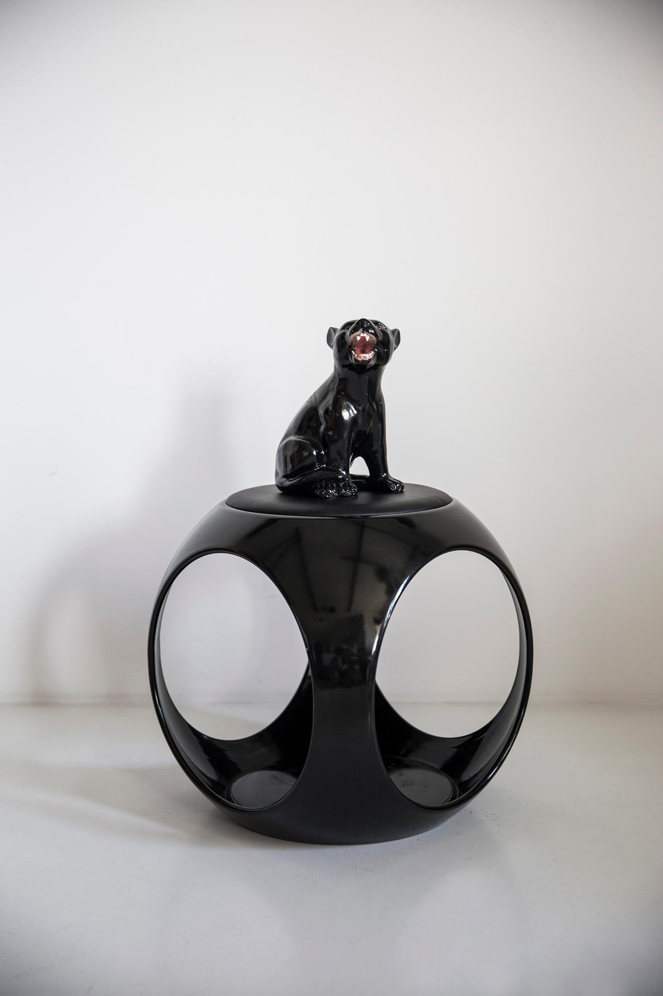 Hand-Painted Small Black Panther Ceramic Sculpture, Italy, 1960s.  For Sale