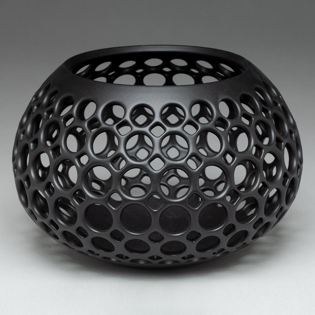 American Small Black Pierced Wide Teardrop Shaped Tabletop Sculpture or Candleholder For Sale