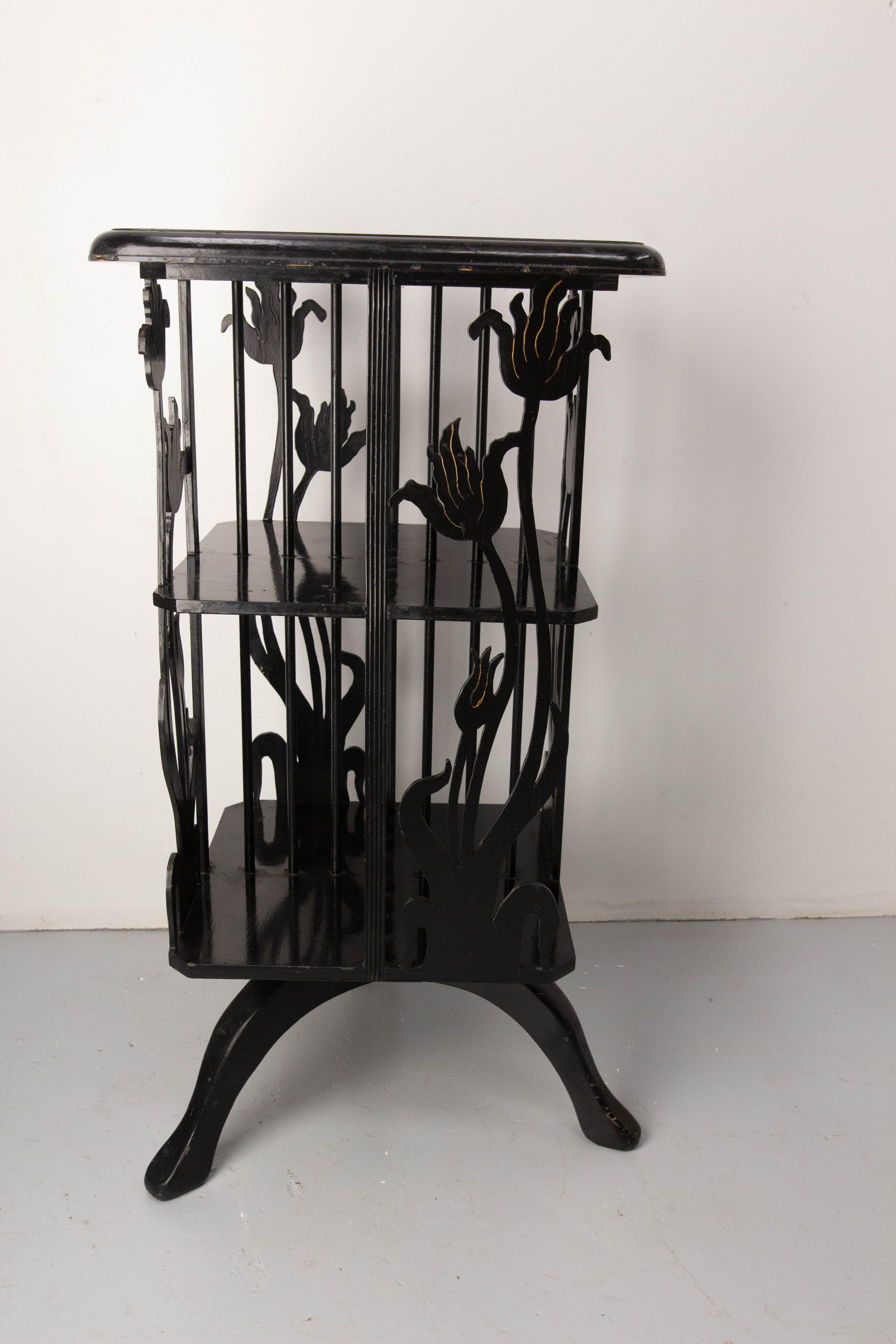 Early 20th Century Small Black Revolving Peony Bookcase, French Art Nouveau, circa 1910 For Sale