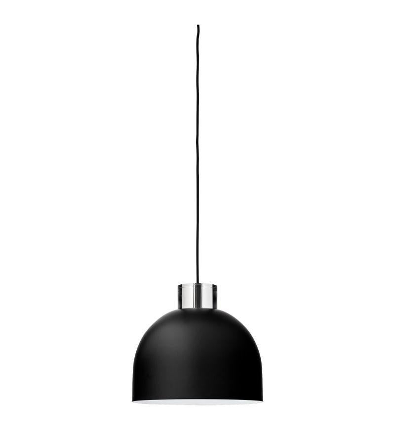 Small black round pendant lamp 
Dimensions: Diameter 28 x H 25.5 cm 
Materials: Glass, Iron w. Brass Plating & Powder Coating.
Details: For all lamps, the recommended light source is E27 max 25W&220/240 voltage. We recommend LED in order to avoid
