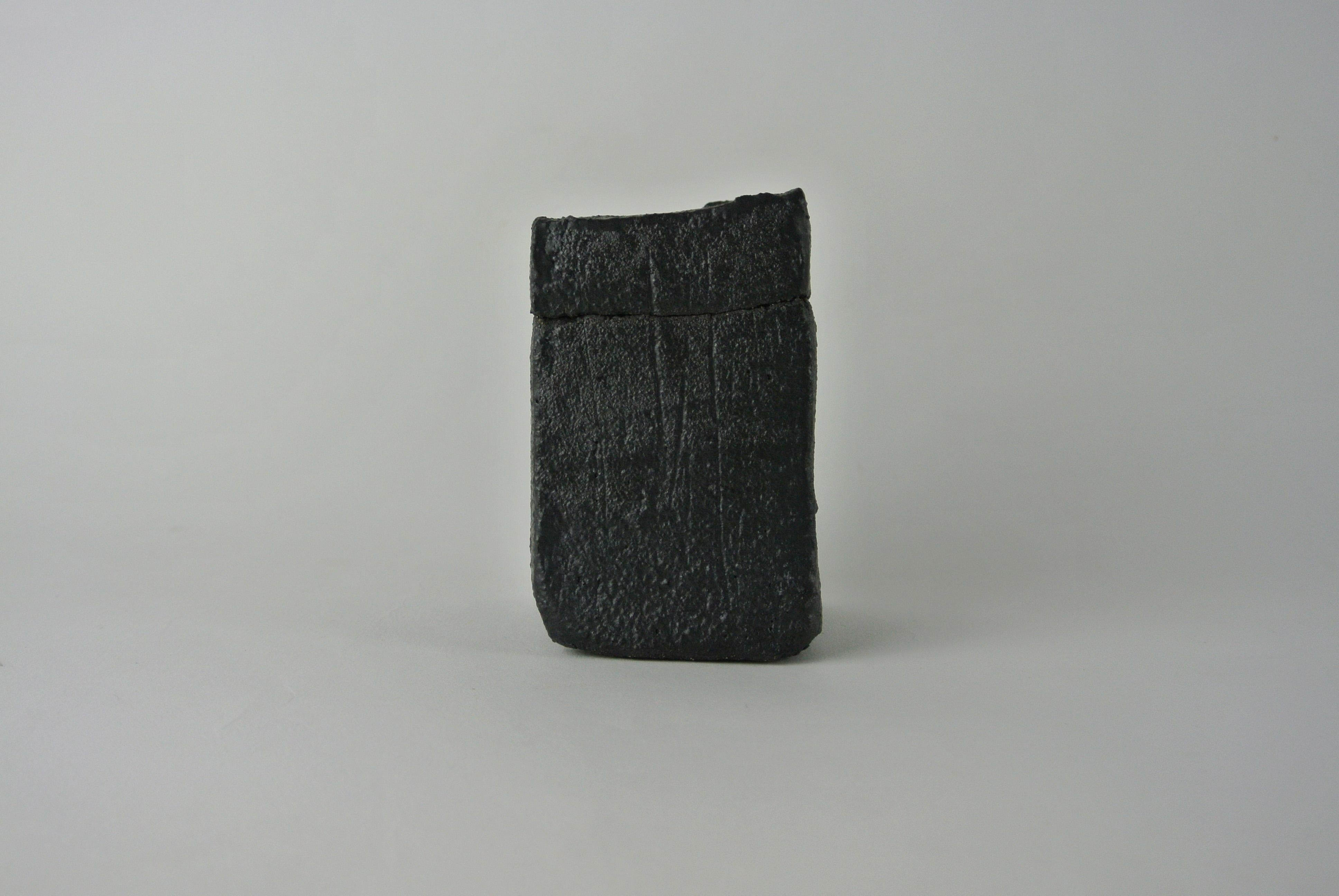 Hand-Carved Small Black Stoneware Box with Lid For Sale