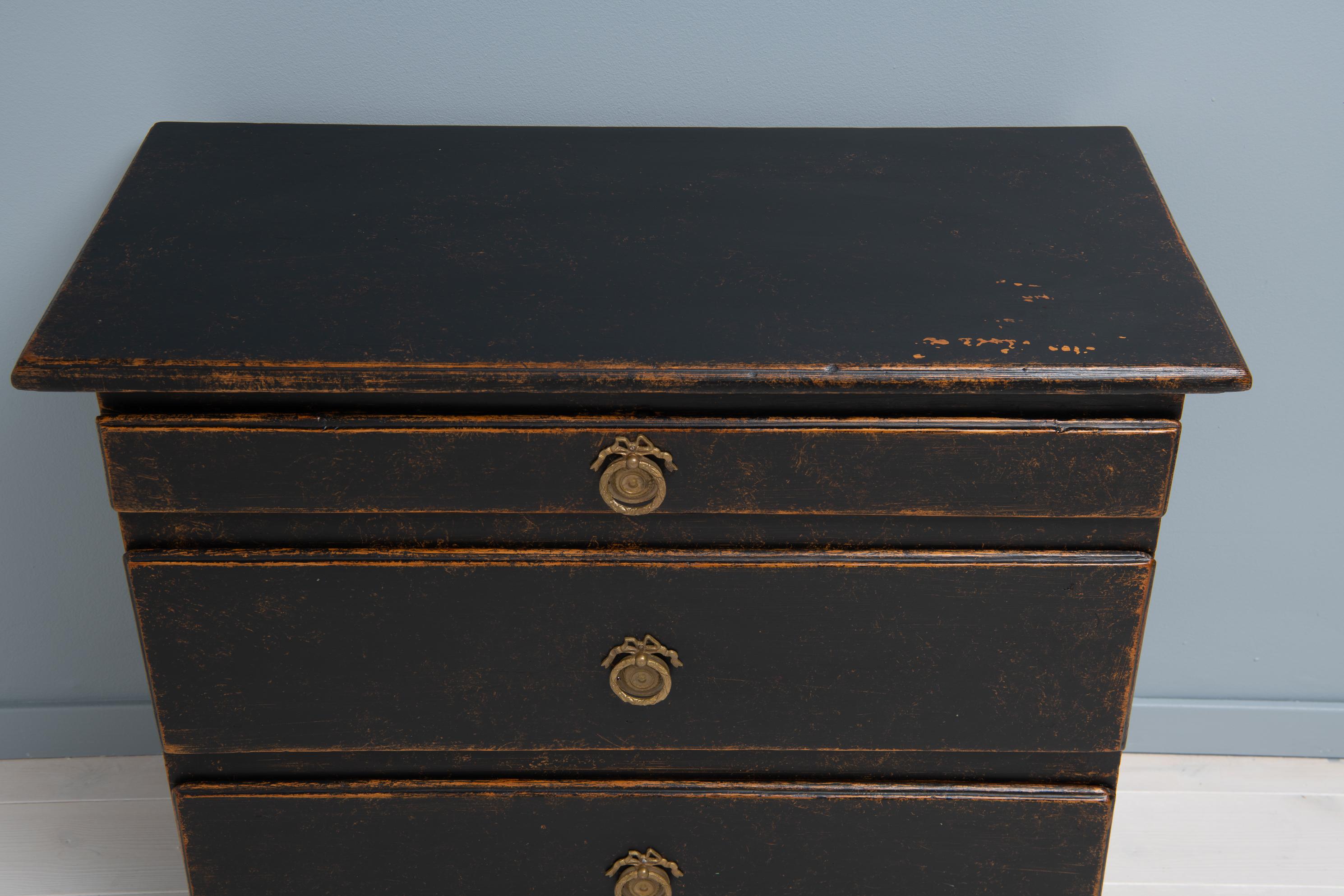 Pine Small Black Swedish Baroque Chest of Drawers