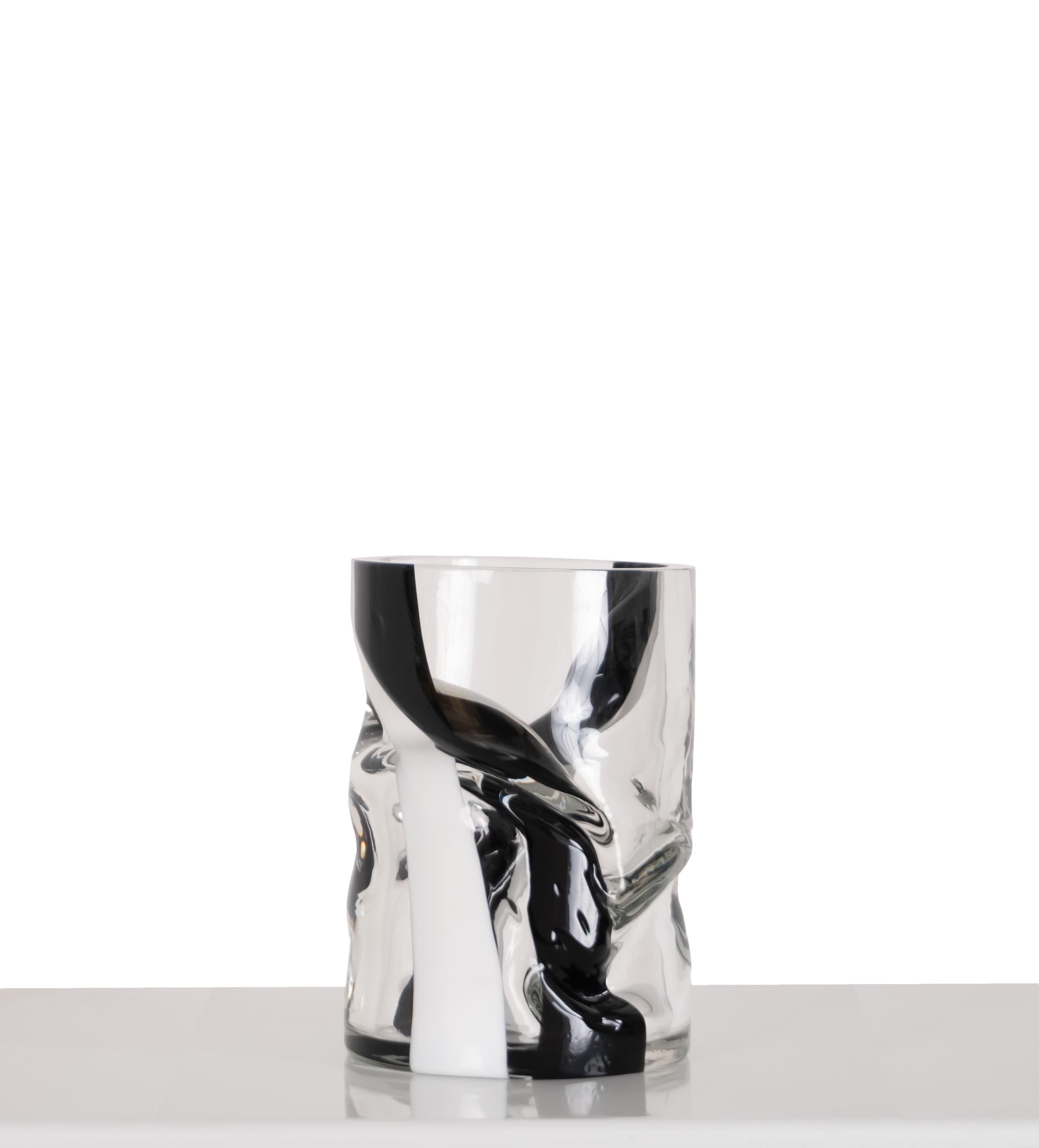 Small Black & White Crushed Hand Blown Glass Vase by Avram Rusu Studio For Sale 4