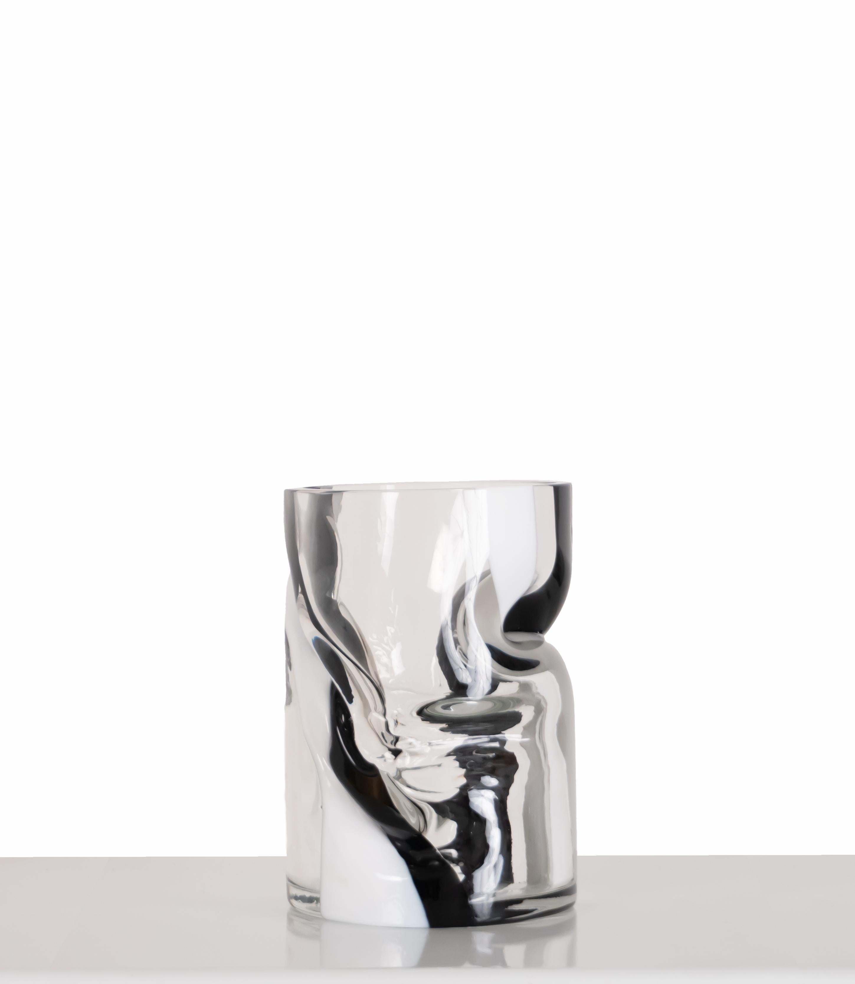 Modern Small Black & White Crushed Hand Blown Glass Vase by Avram Rusu Studio For Sale