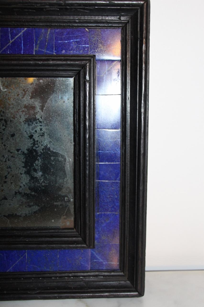 Small Blackened Wood Mirror in Lapis Lazuli In Good Condition For Sale In charmes, FR
