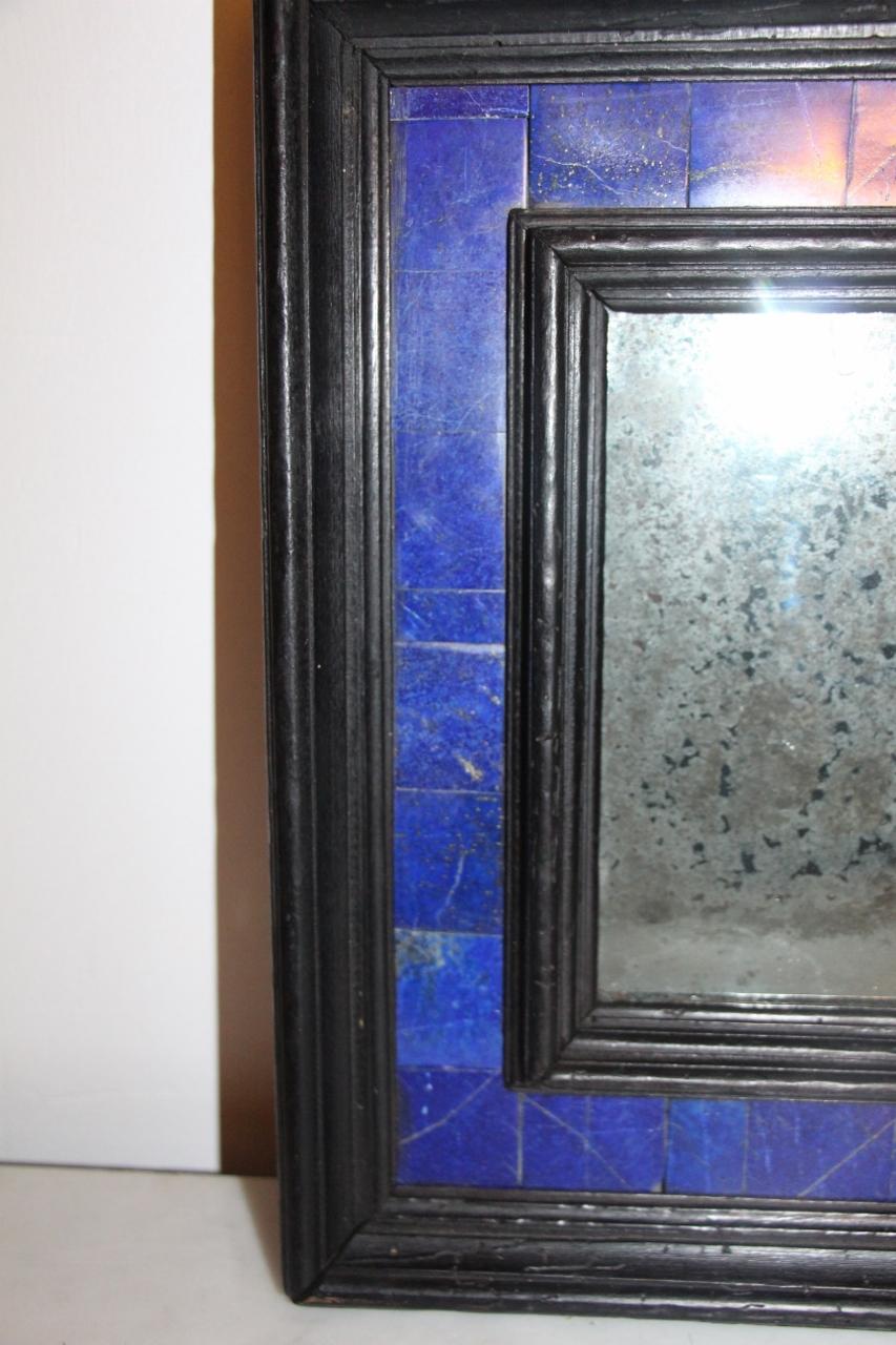 19th Century Small Blackened Wood Mirror in Lapis Lazuli For Sale