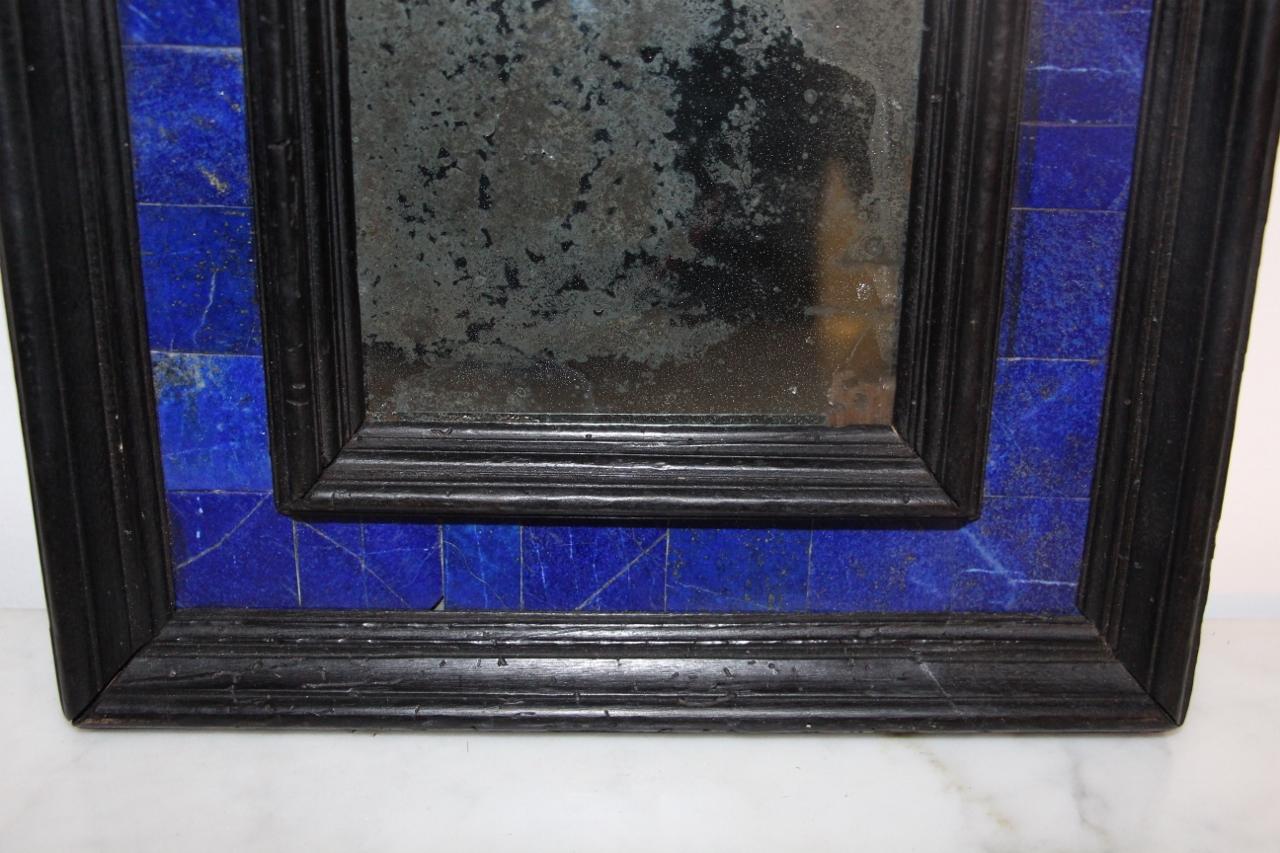 Small Blackened Wood Mirror in Lapis Lazuli For Sale 1