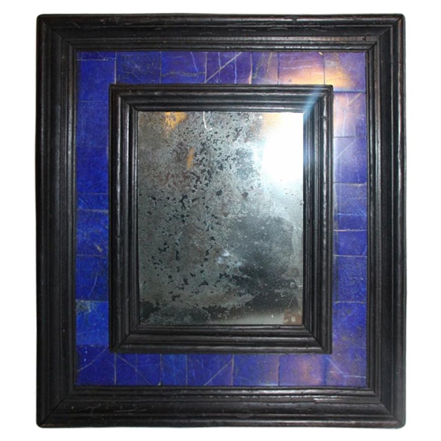 Small Blackened Wood Mirror in Lapis Lazuli For Sale