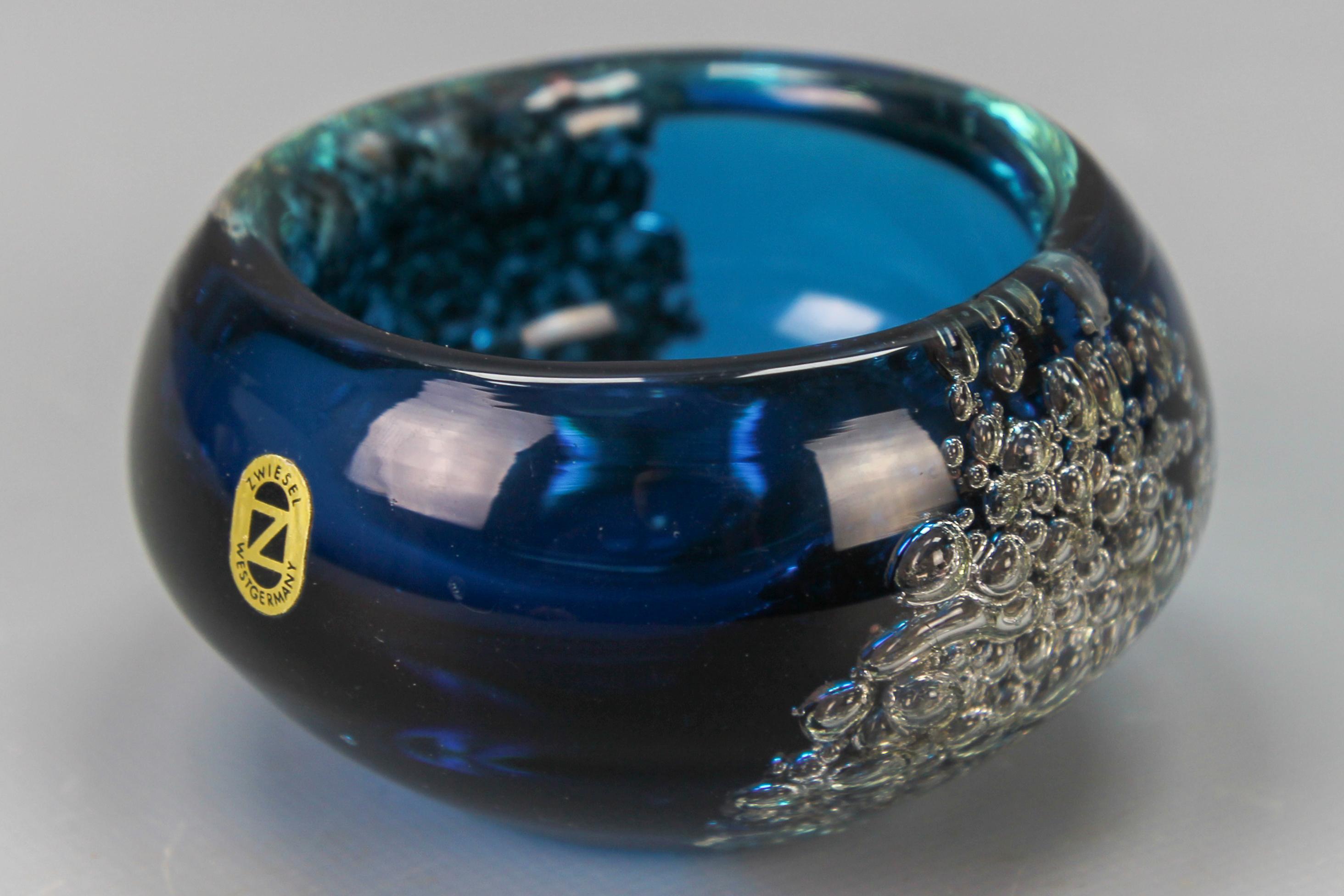 Late 20th Century Small Blue Bubbled Glass Bowl by Zwiesel, Germany For Sale