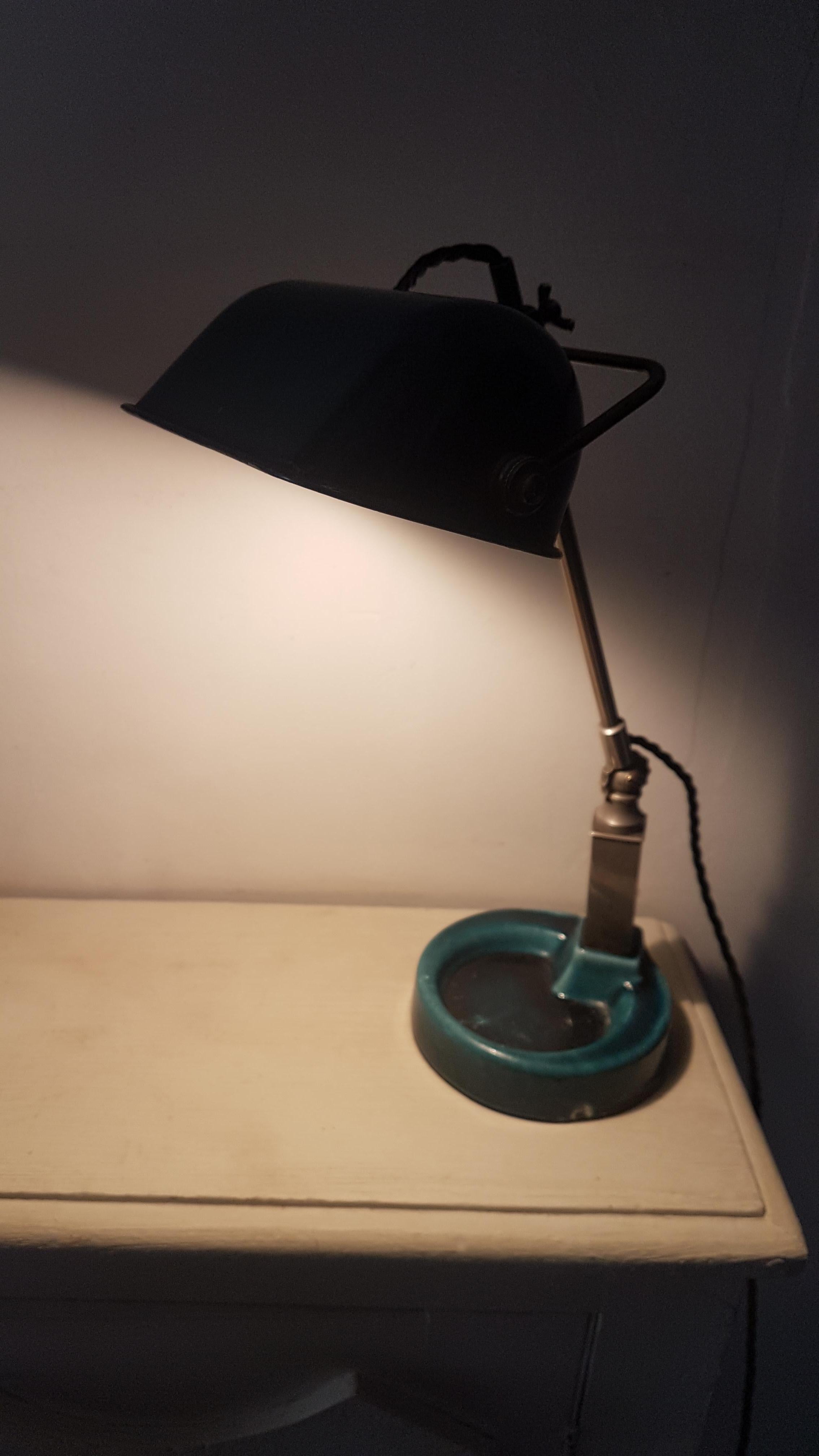 Small Blue Enameled and Chrome Bankers Lamp For Sale 1