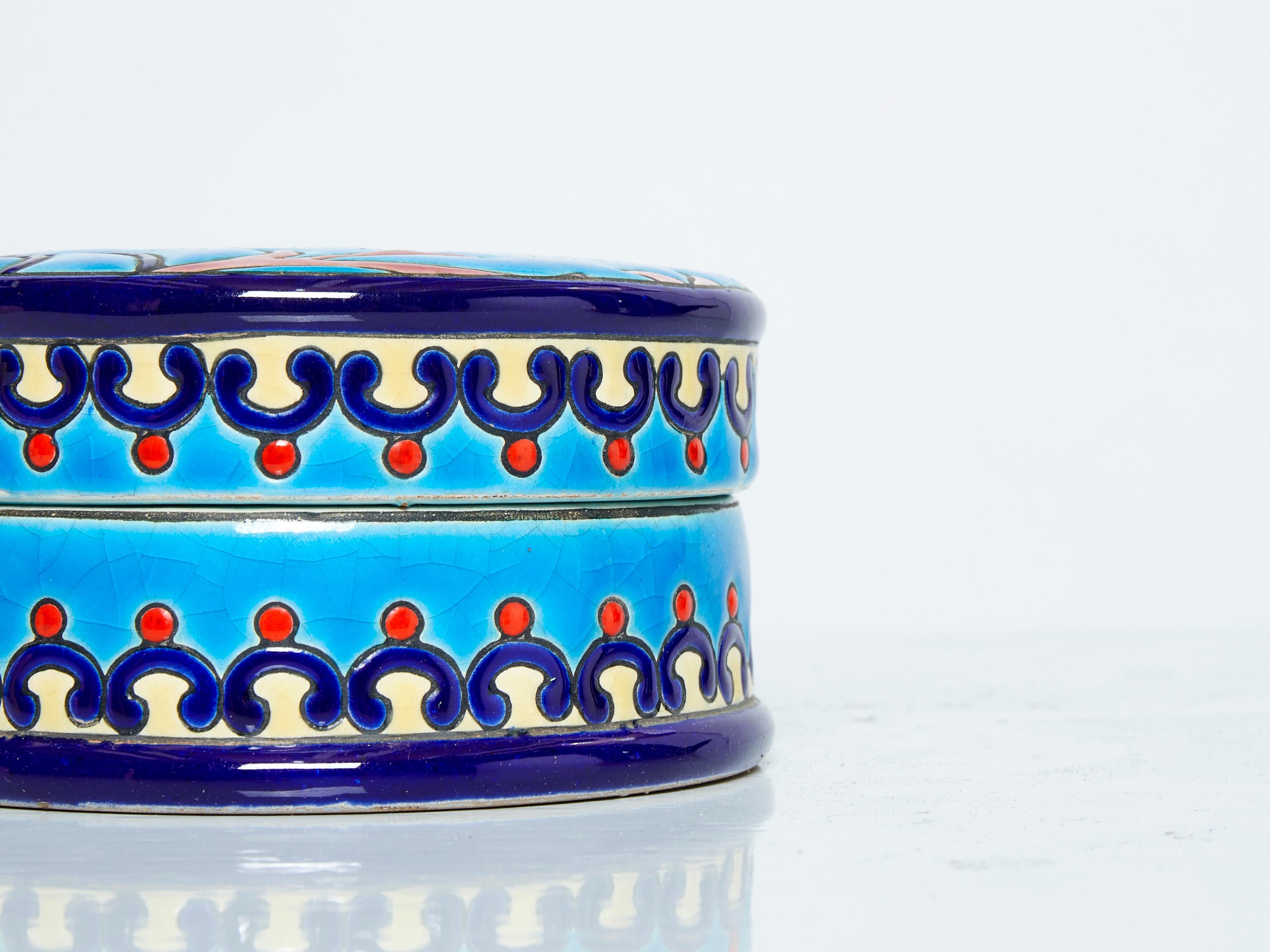 Small Blue Flowers Art Deco Box Emaux de Longwy, 1940 In Good Condition For Sale In Paris, IDF