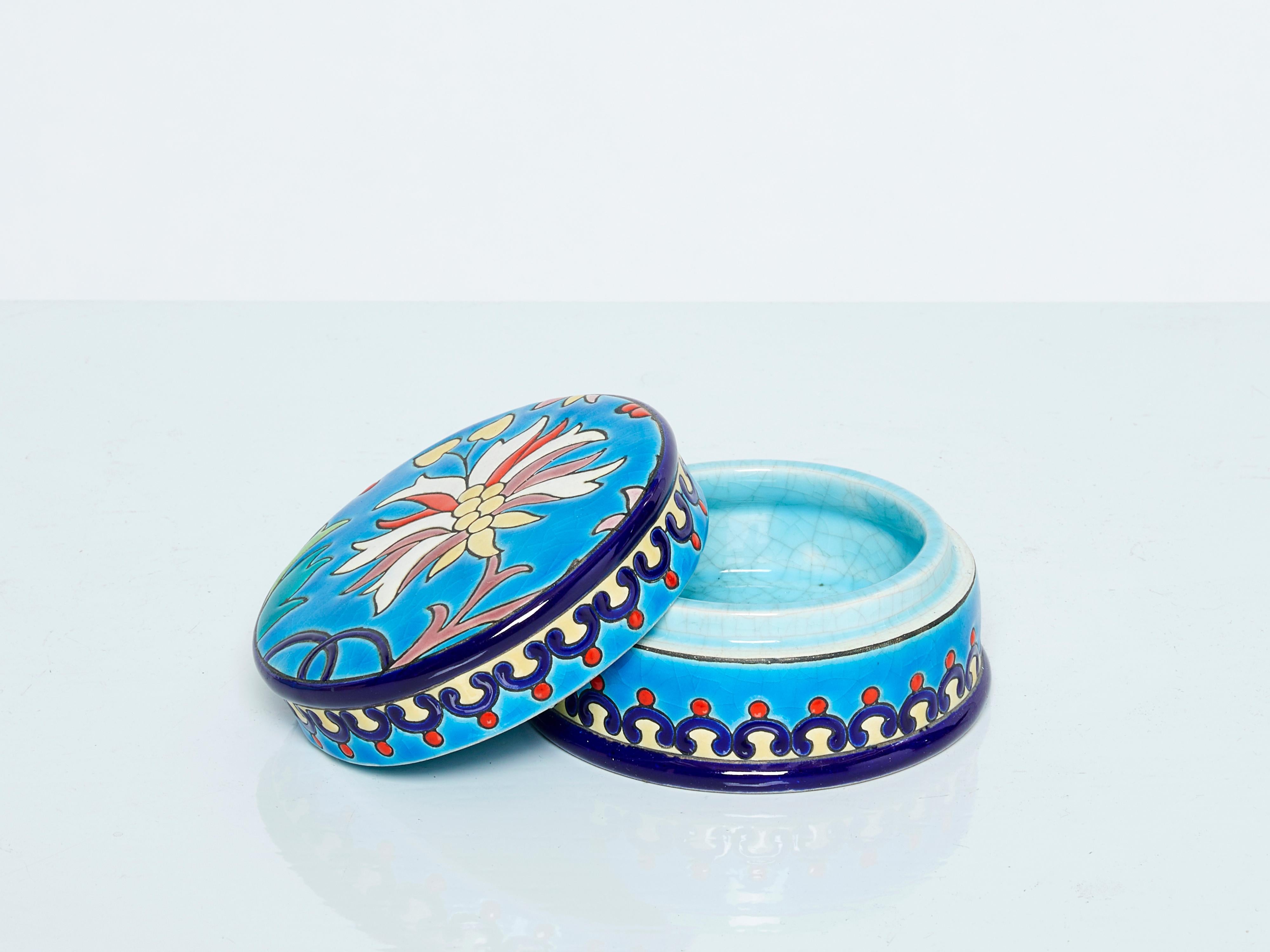 Mid-20th Century Small Blue Flowers Art Deco Box Emaux de Longwy, 1940 For Sale