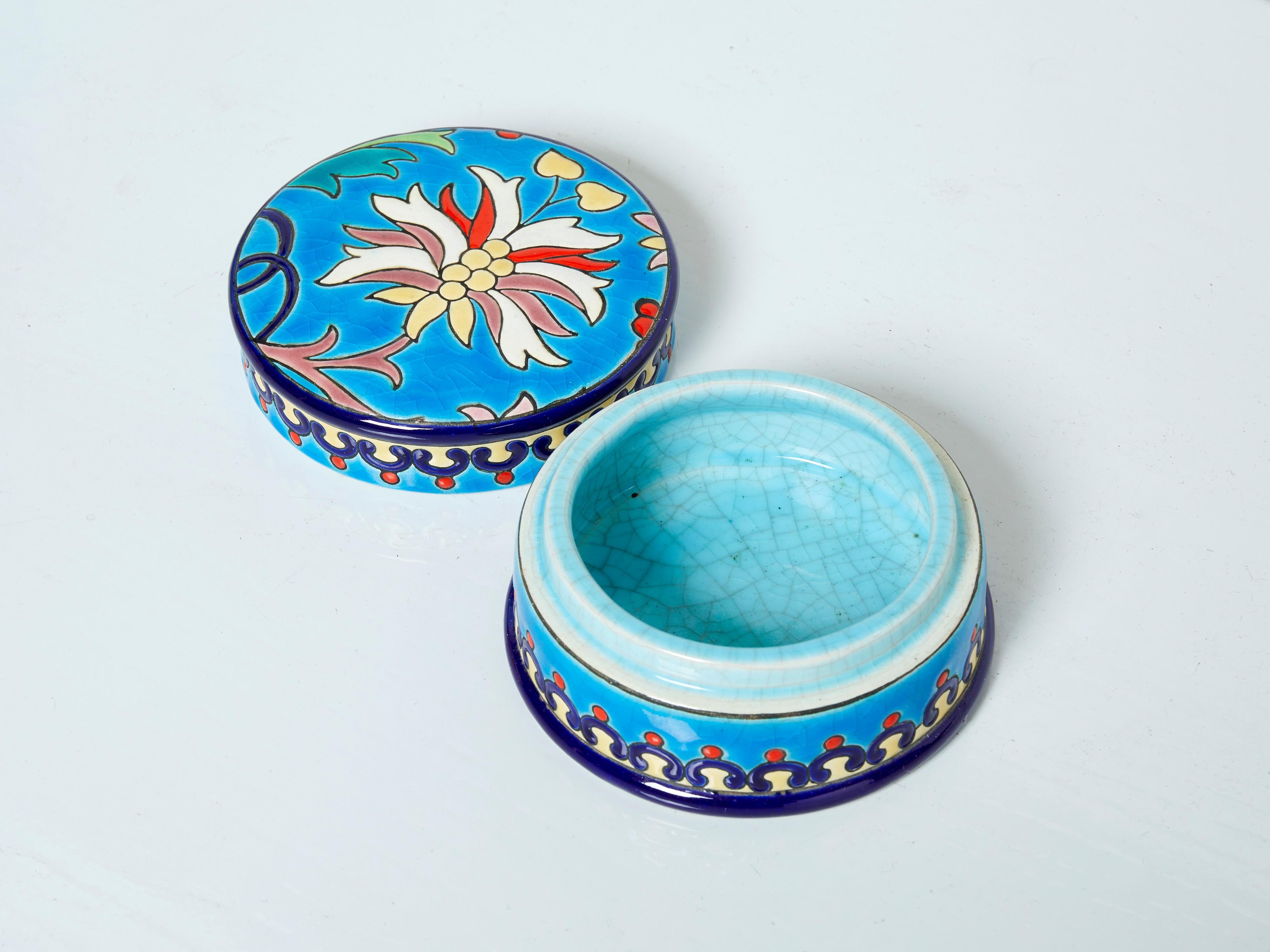 Ceramic Small Blue Flowers Art Deco Box Emaux de Longwy, 1940 For Sale