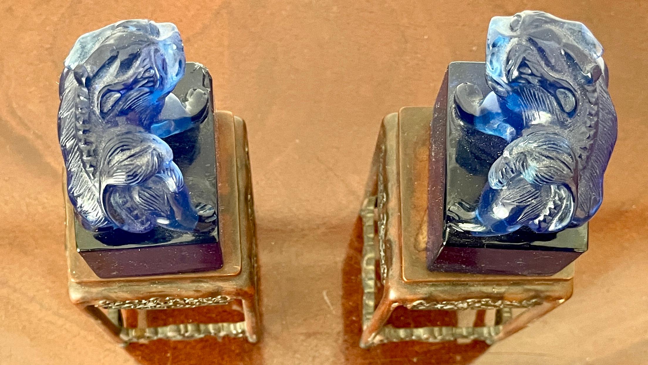 Small Blue Glass Foo Dogs on a Base, a Pair For Sale 2