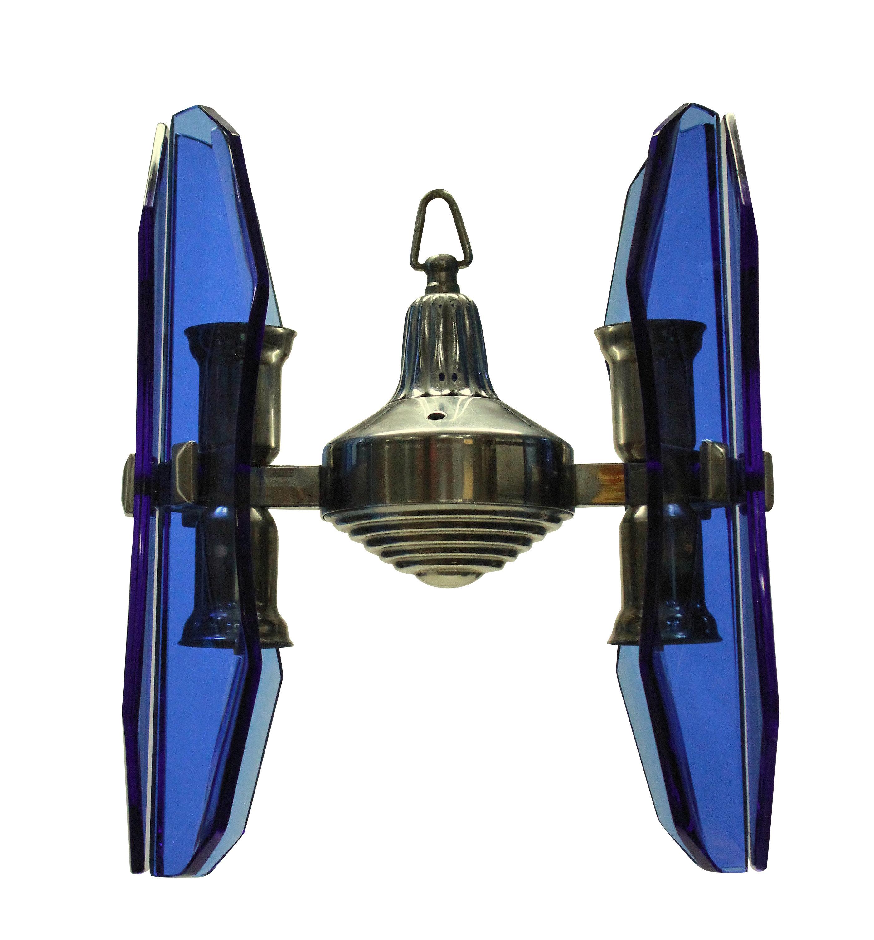 A small Italian pendant light in chrome with blue glass.