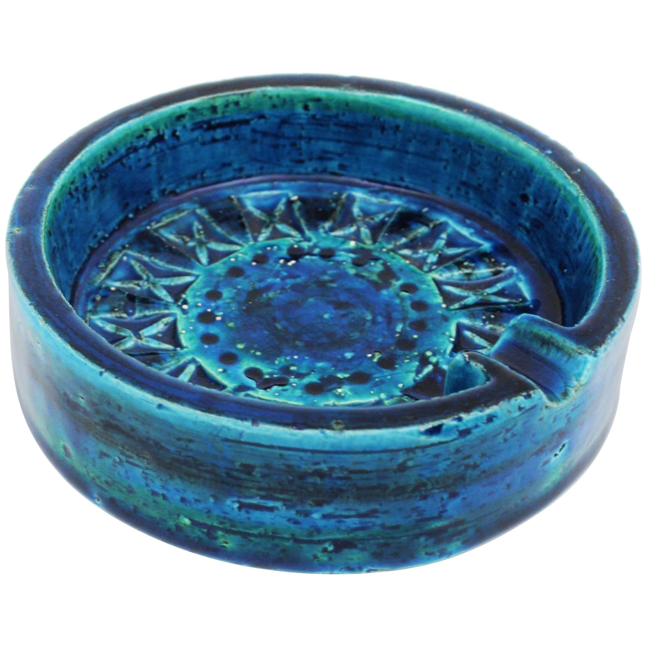 Small Blue Glazed Ceramic Circular Ashtray by Aldo Londi and Bitossi at
