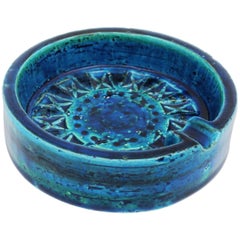 Small Blue Glazed Ceramic Circular Ashtray by Aldo Londi and Bitossi