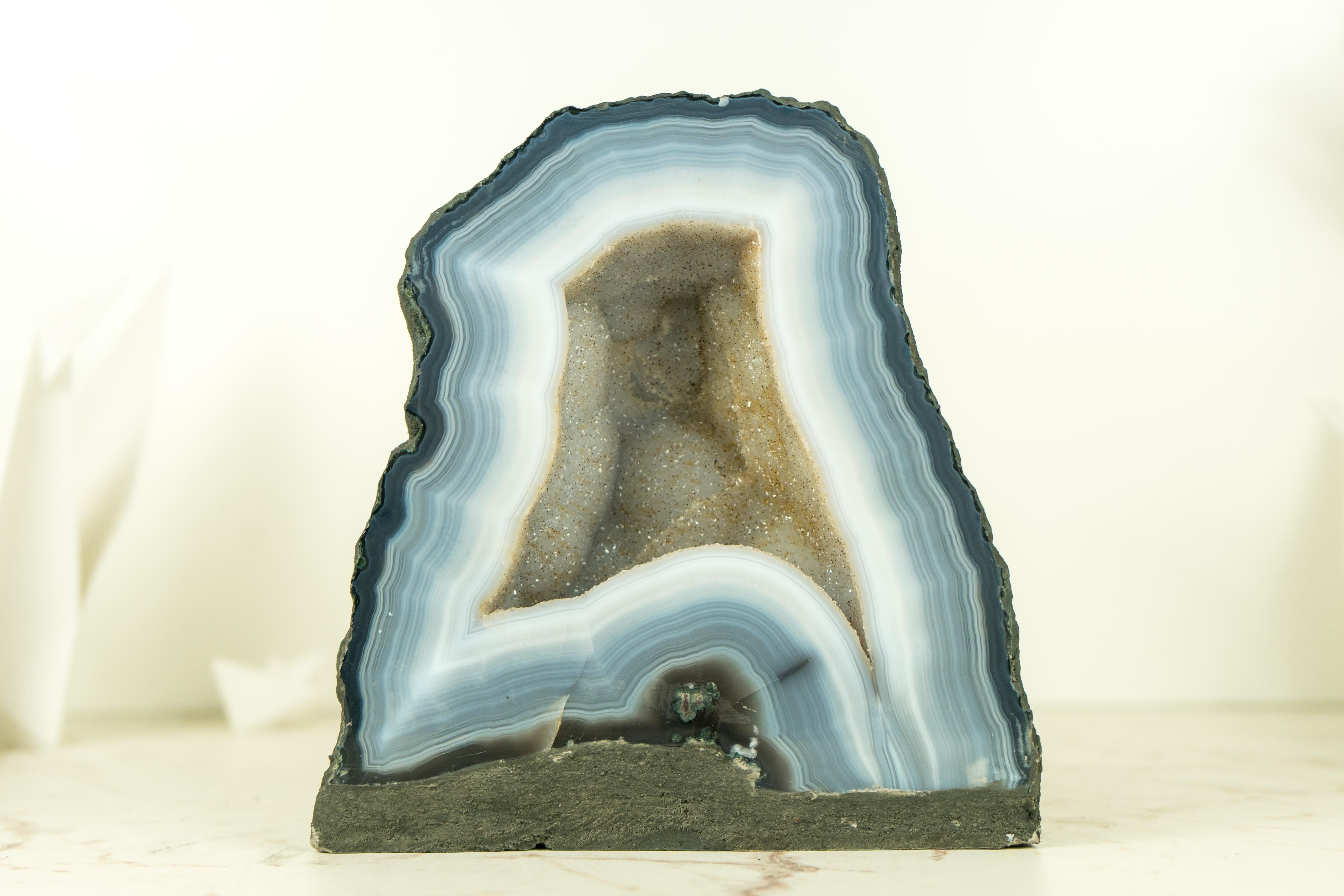 Brazilian Small Blue Lace Agate Geode Cathedral with White Galaxy Druzy  For Sale