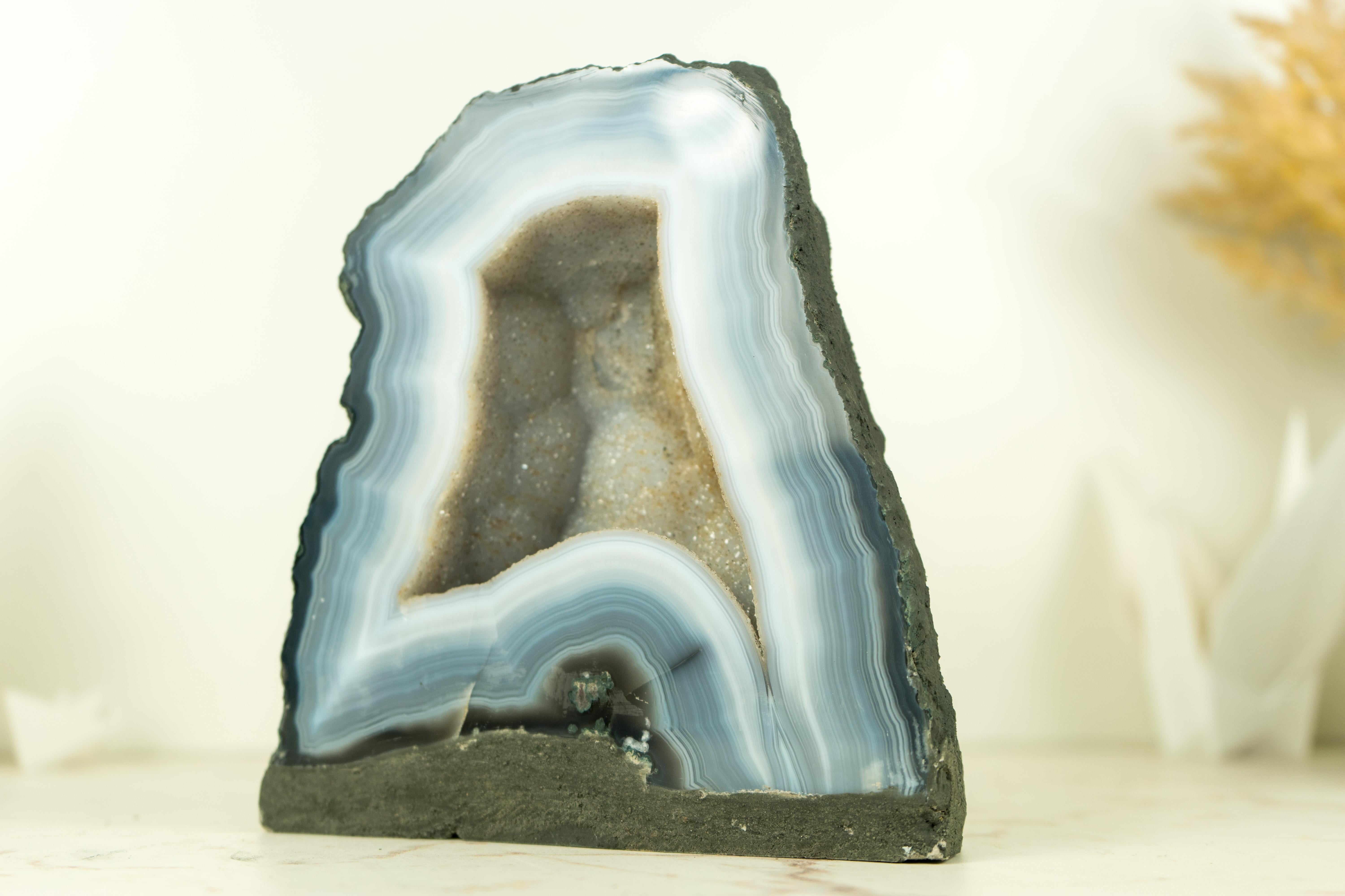Contemporary Small Blue Lace Agate Geode Cathedral with White Galaxy Druzy  For Sale