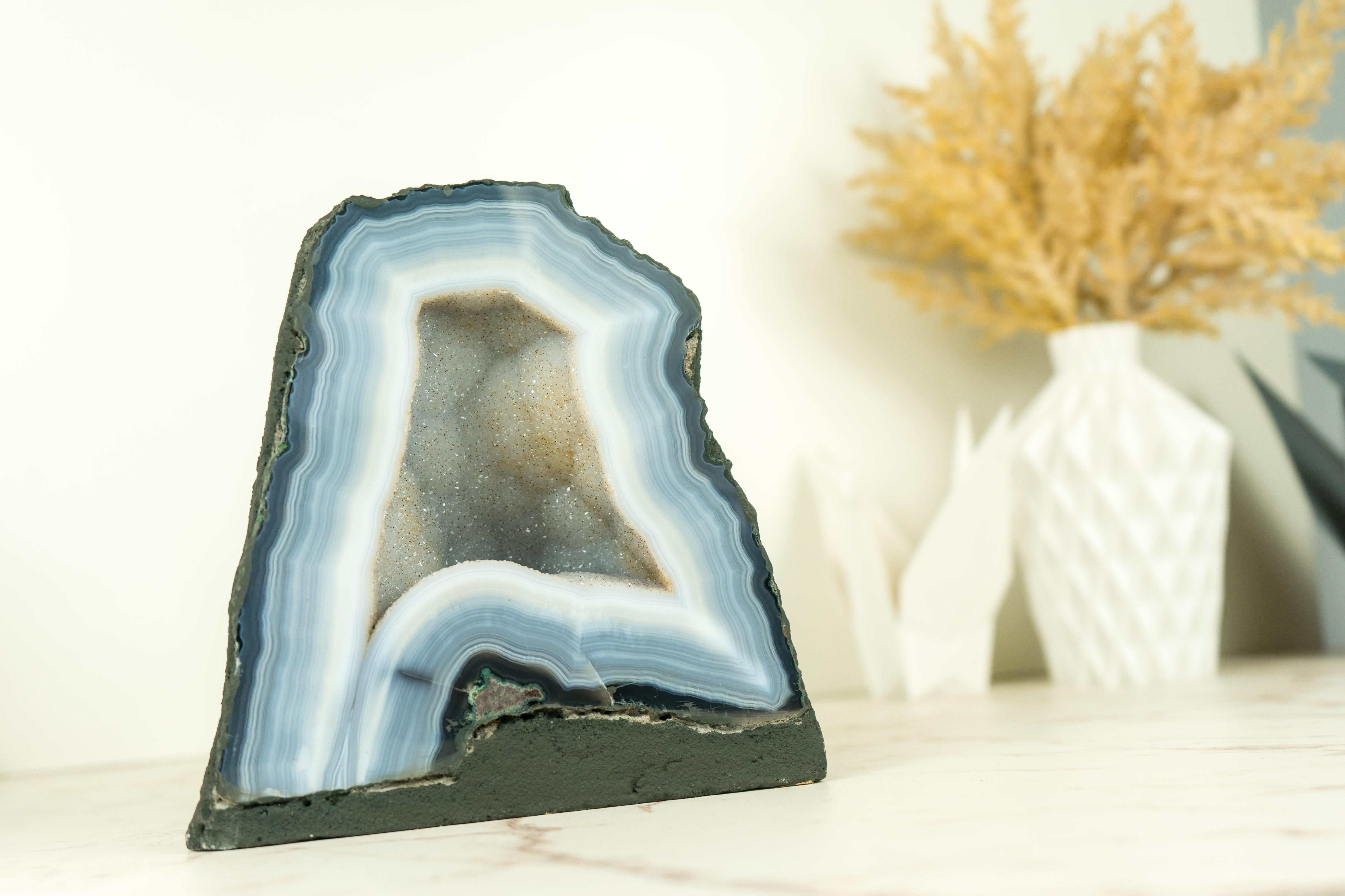 Small Blue Lace Agate Geode Cave with White Galaxy Druzy For Sale 4