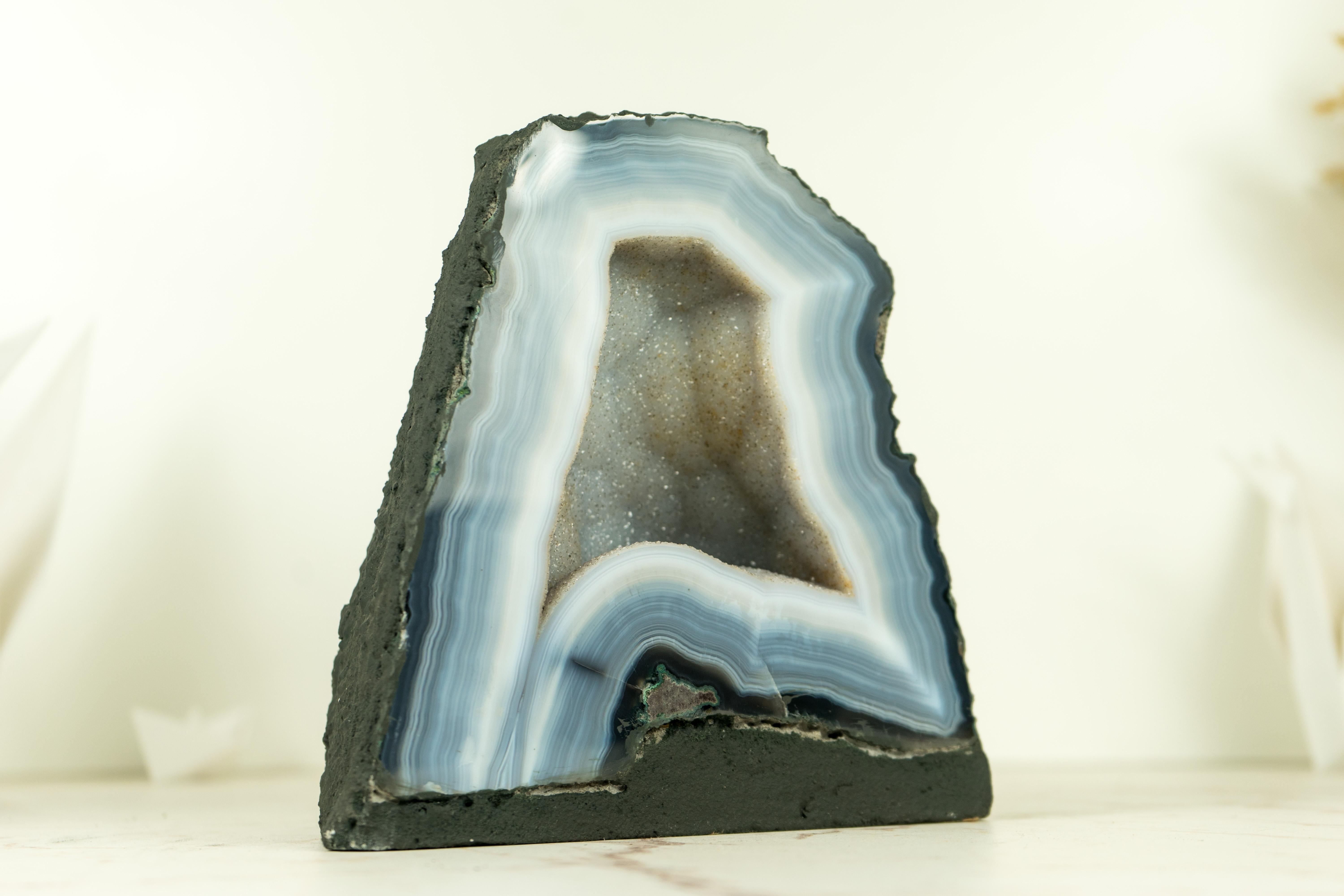Brazilian Small Blue Lace Agate Geode Cave with White Galaxy Druzy For Sale
