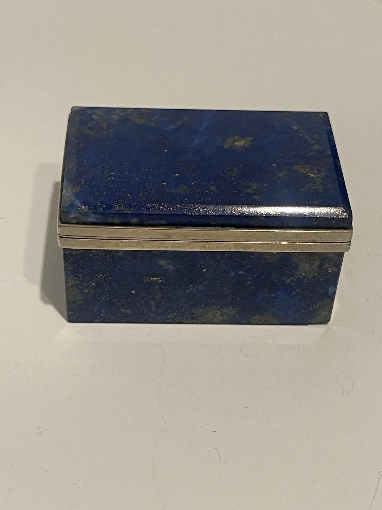 Small Lapis Laxuli Pill or Trinket Box with a Silver Decorative Trim