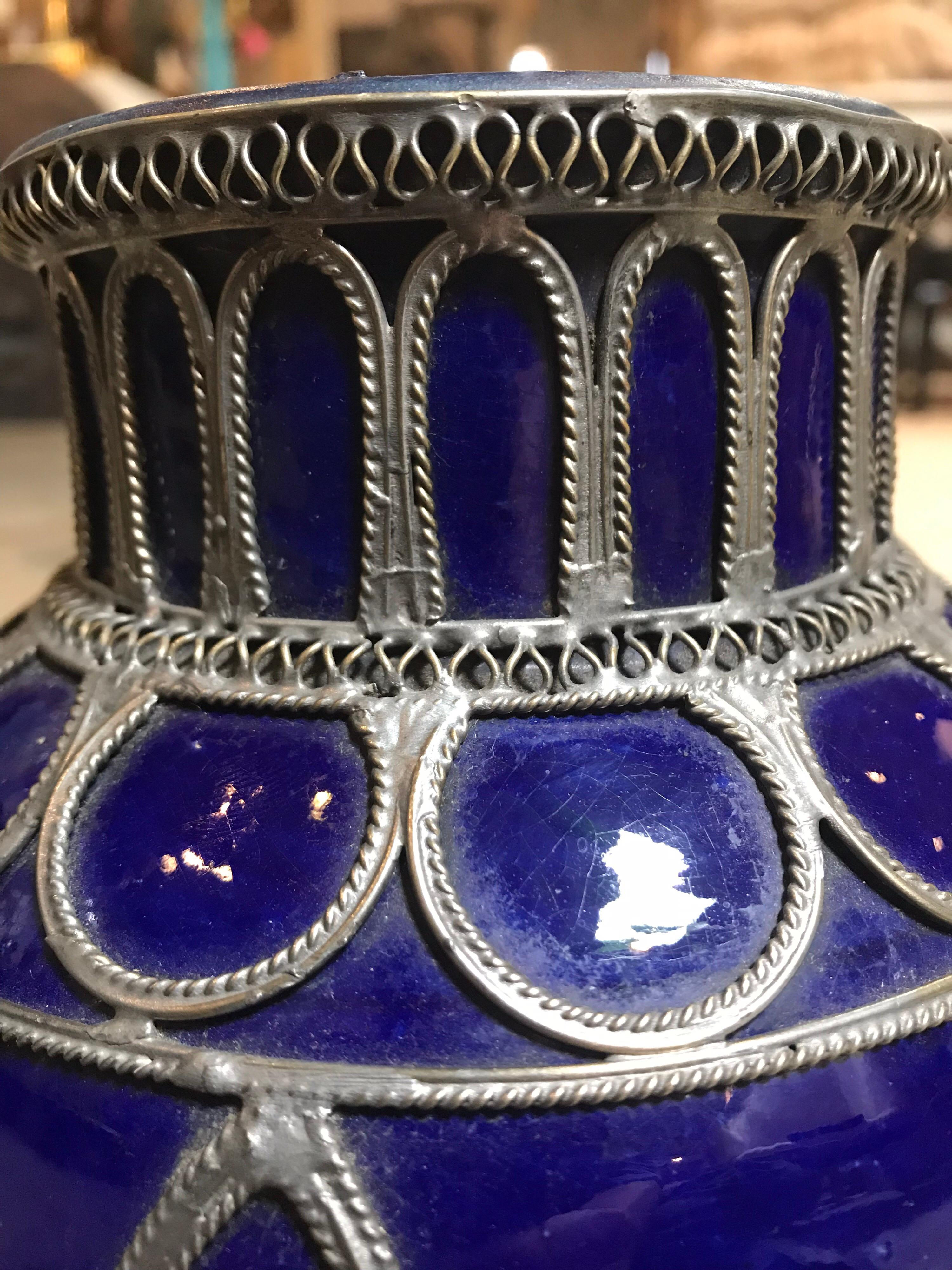 Glazed Small Blue Moroccan Pot For Sale