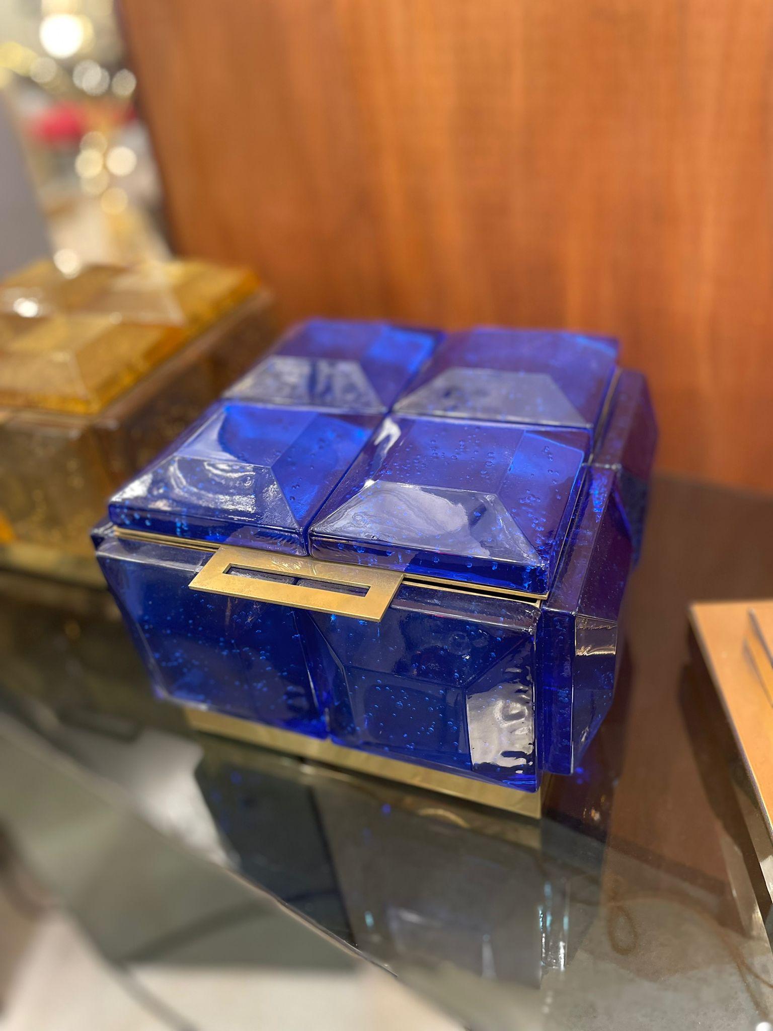 Brass Small Blue Murano Glass Box