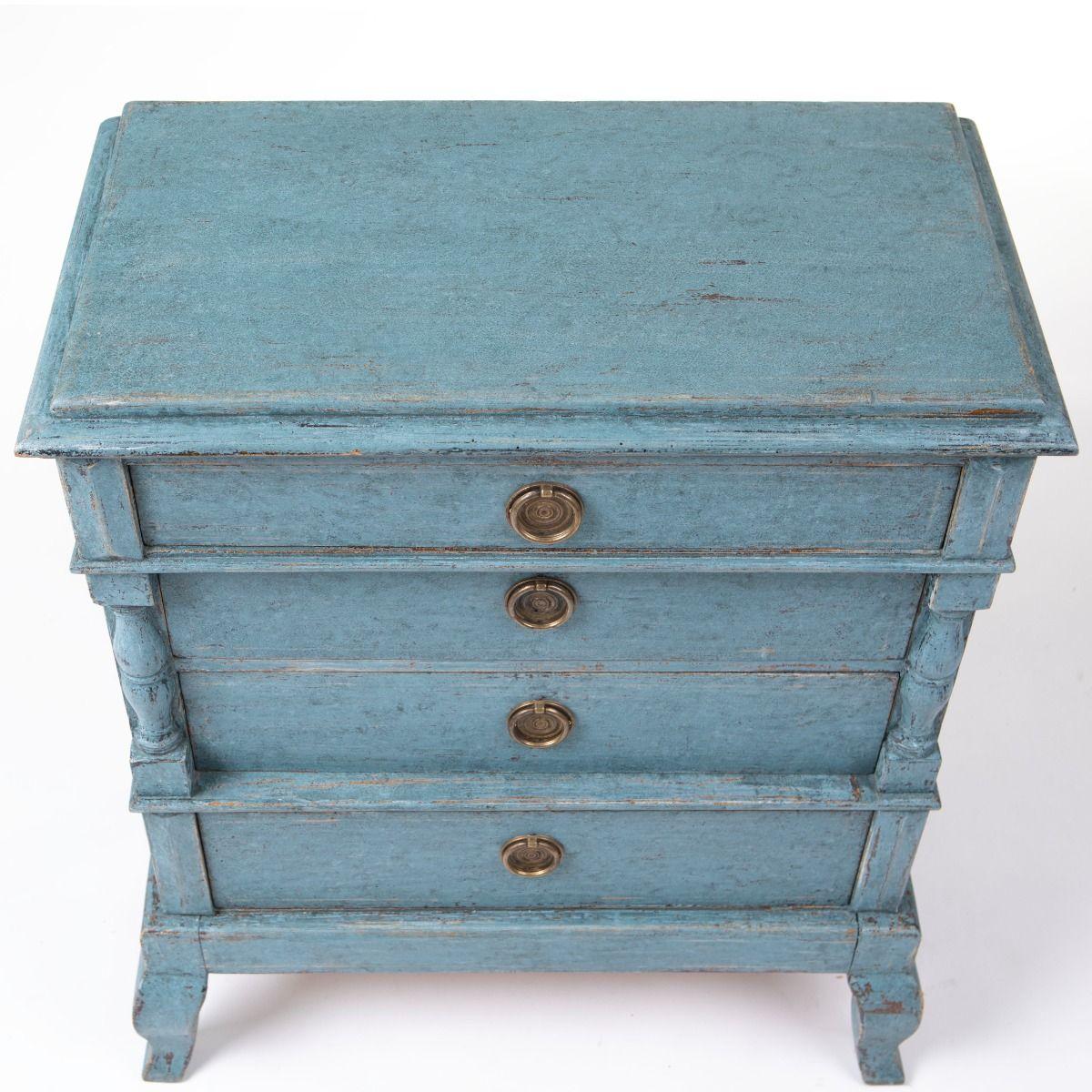 Brass Small Blue Painted Pine Chest of Drawers in Baroque Style, Sweden For Sale