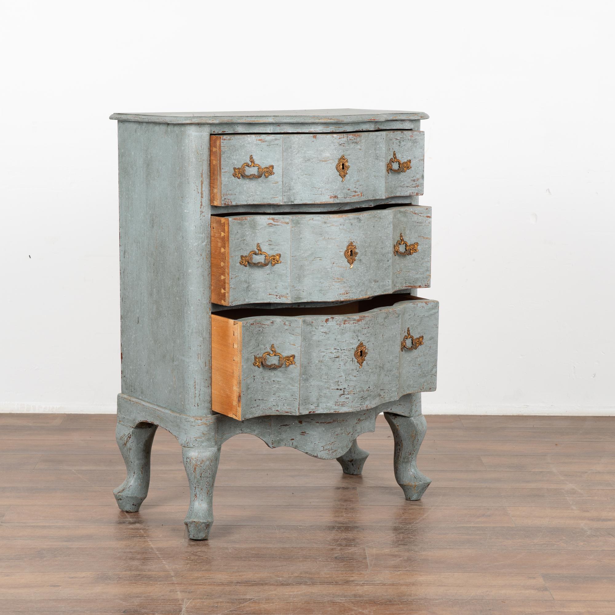 Swedish Small Blue Painted Rococo Chest of Three Drawers, Sweden circa 1850-70 For Sale