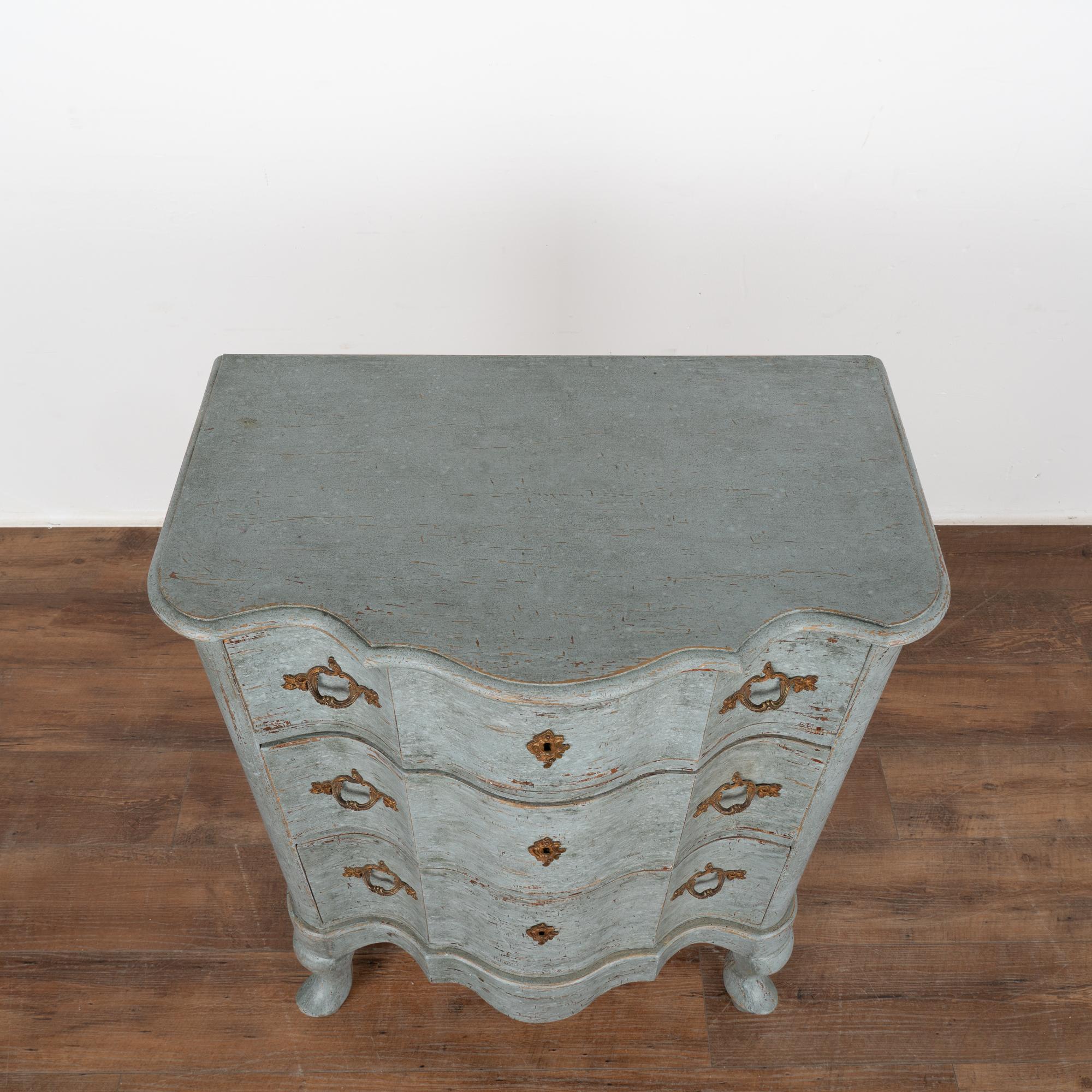 19th Century Small Blue Painted Rococo Chest of Three Drawers, Sweden circa 1850-70 For Sale