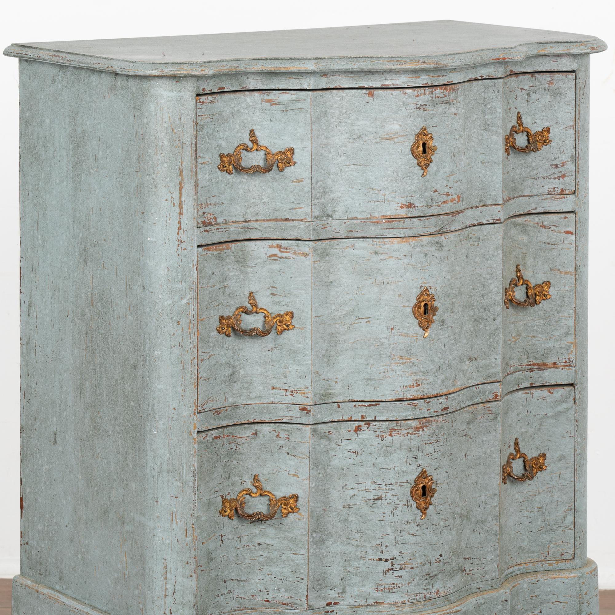 Brass Small Blue Painted Rococo Chest of Three Drawers, Sweden circa 1850-70 For Sale
