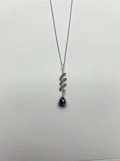 Small Blue Sapphire Pear Drop Diamond Halo Spiral White Gold Pendant Necklace